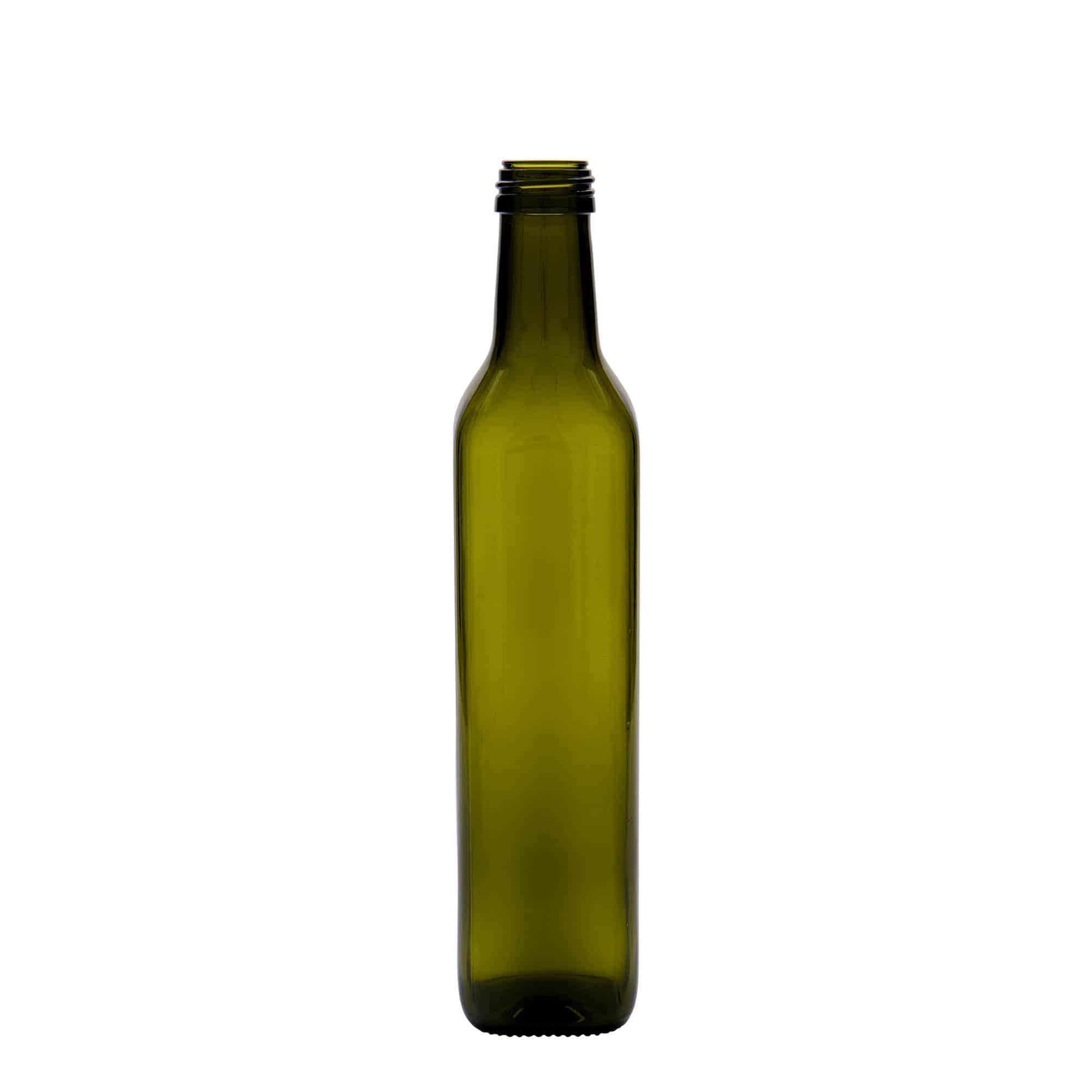 Glazen fles 'Marasca', 500 ml, vierkant, antiekgroen, monding: PP 31,5