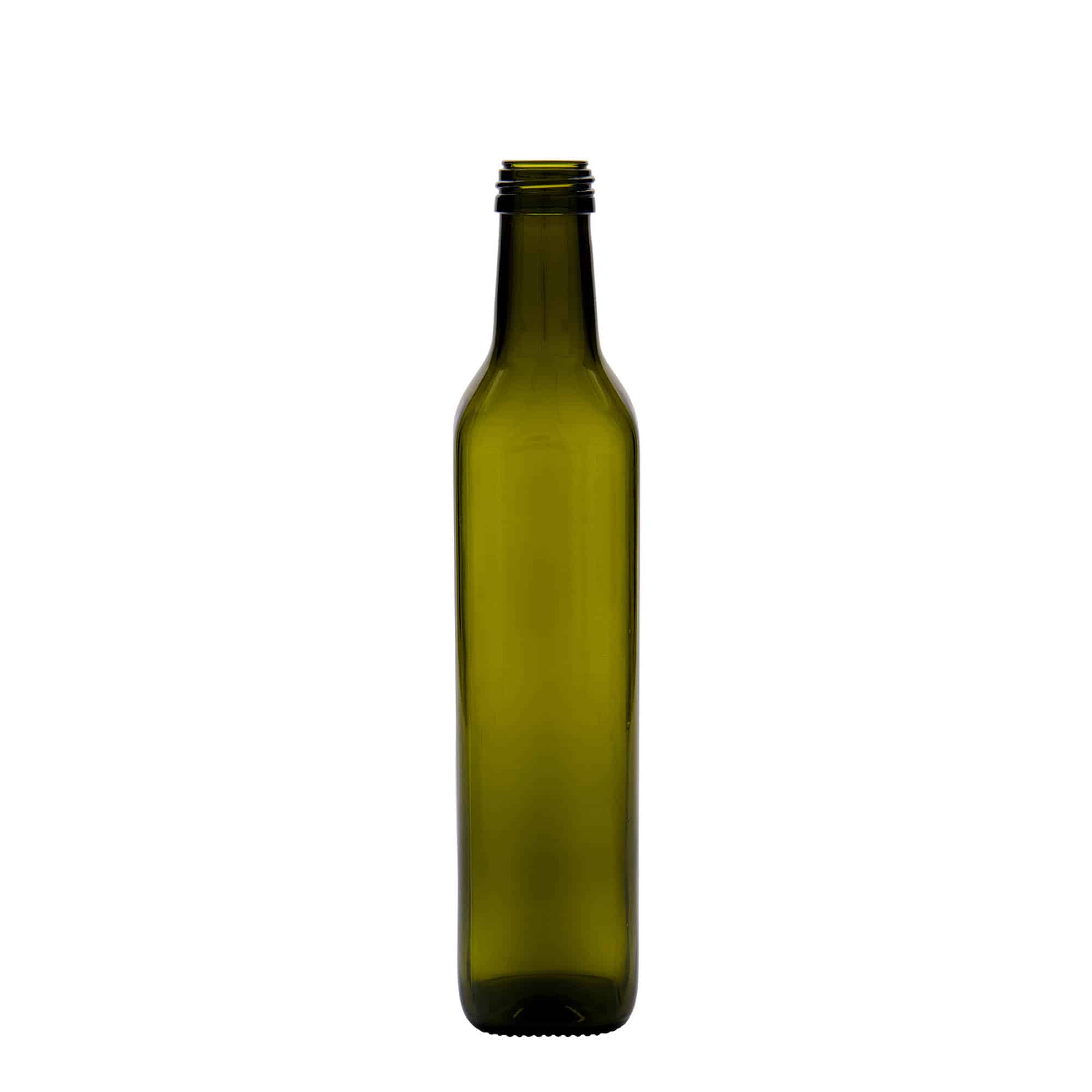 Glazen fles 'Marasca', 500 ml, vierkant, antiekgroen, monding: PP 31,5