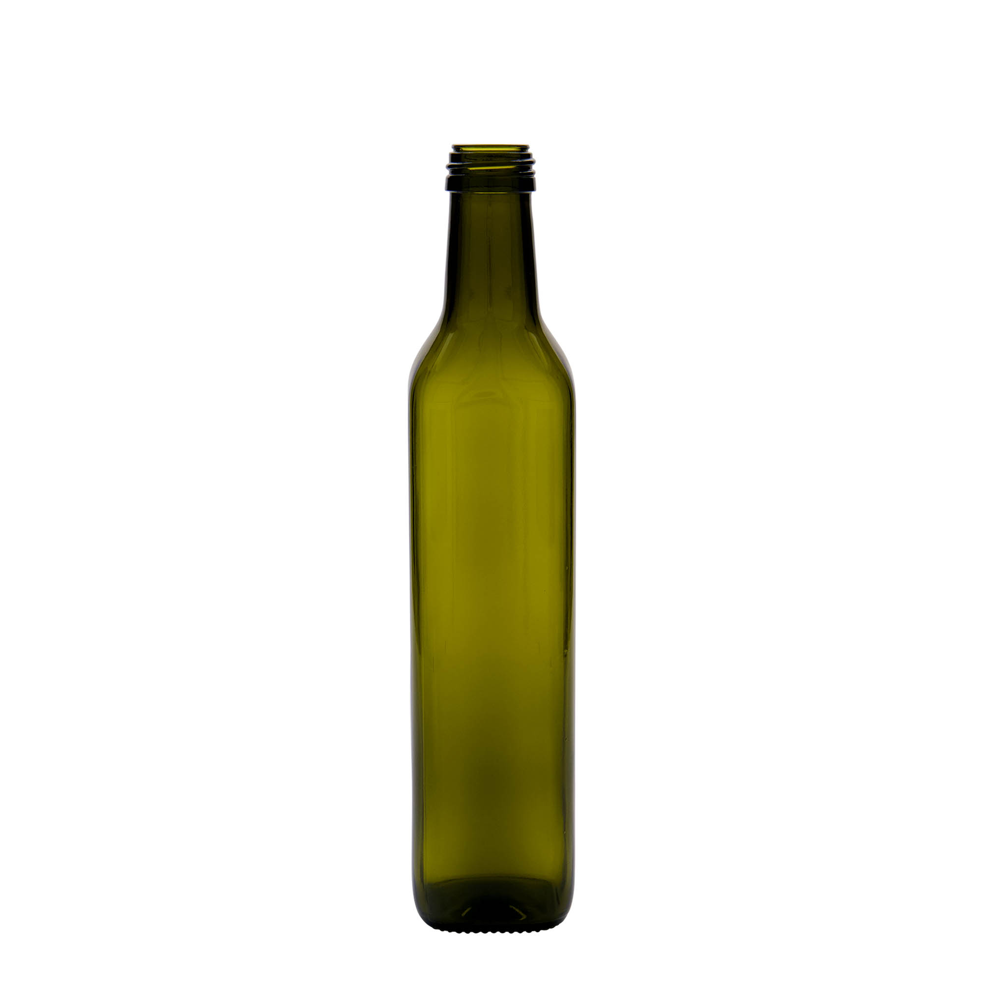 Glazen fles 'Marasca', 500 ml, vierkant, antiekgroen, monding: PP 31,5 Glazen fles 'Marasca', 500 ml, vierkant, antiekgroen, monding: PP 31,5
