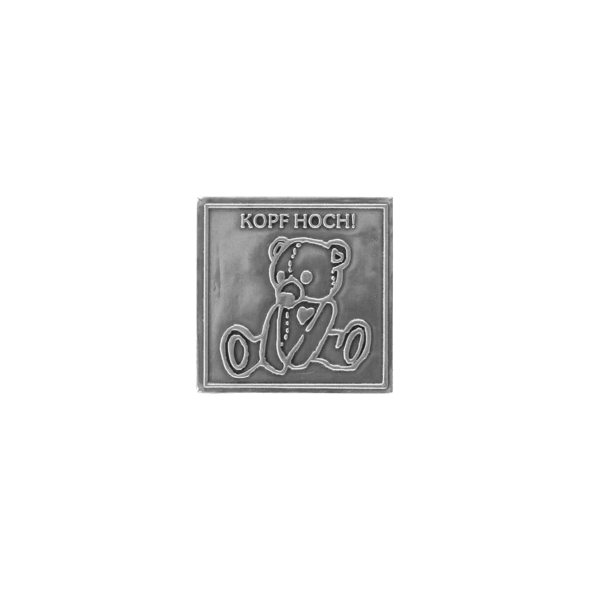 Tinnen etiket 'Kop op', vierkant, metaal, zilver Tinnen etiket 'Kop op', vierkant, metaal, zilver