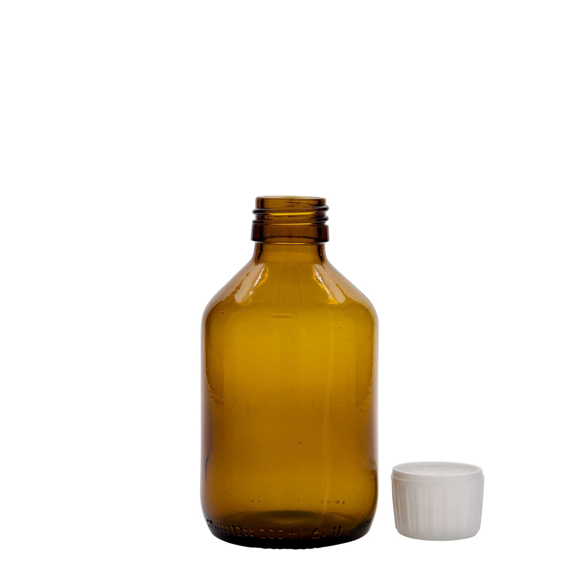 Flacon pharmaceutique 200 ml, brun, verre, bouchage: PP 28 Flacon pharmaceutique 200 ml, brun, verre, bouchage: PP 28
