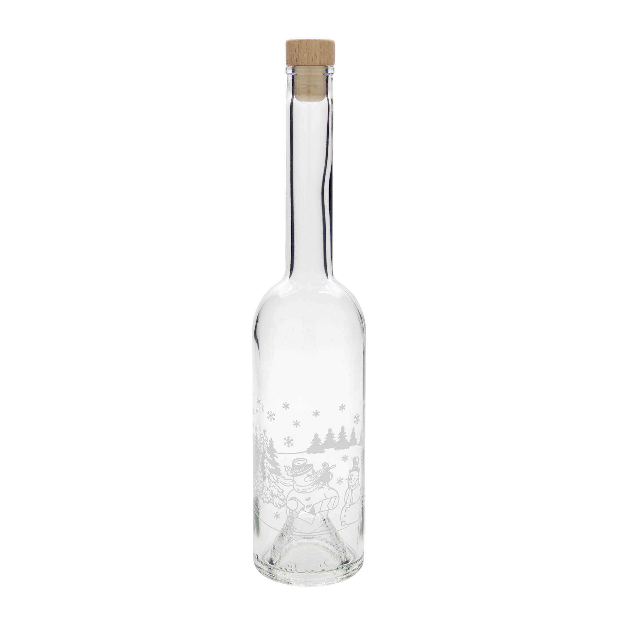 Glazen fles 'Opera', 500 ml, motief: Sneeuwpopfles, monding: kurk Glazen fles 'Opera', 500 ml, motief: Sneeuwpopfles, monding: kurk
