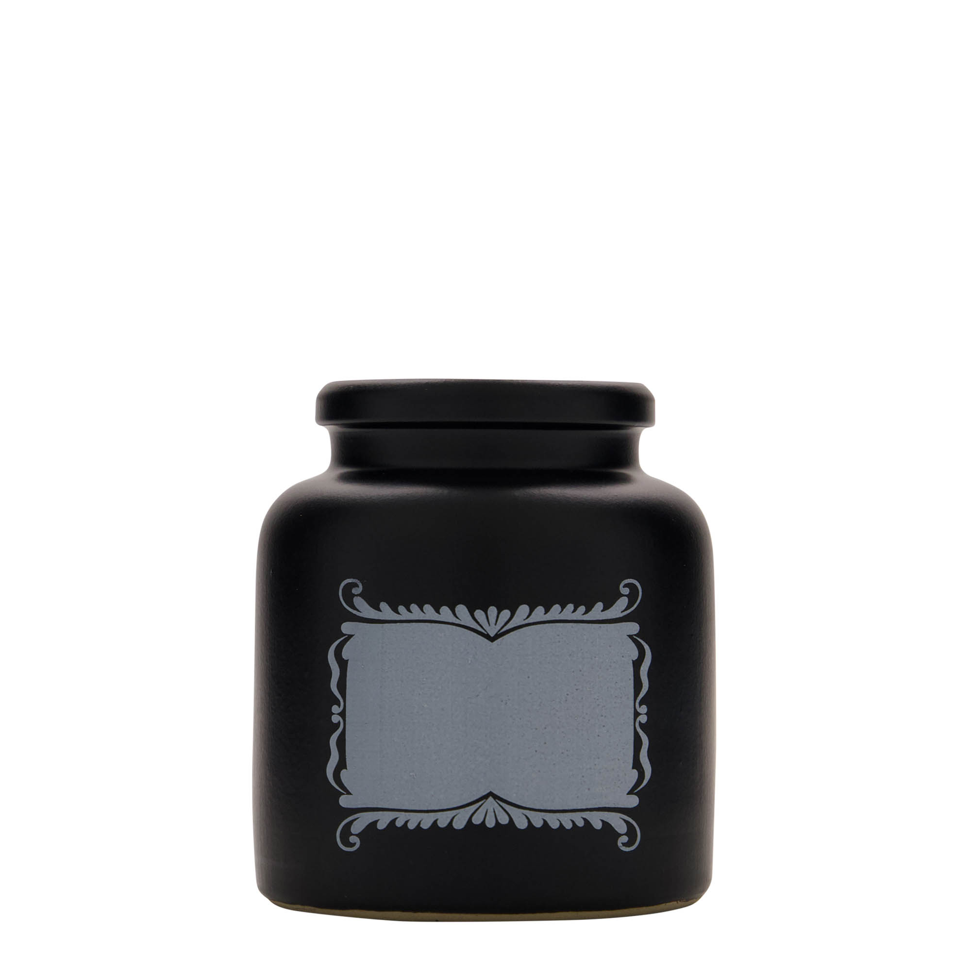 Steengoed pot, 270 ml, motief: etiketveld, keramiek, zwart, monding: stulpdeksel Steengoed pot, 270 ml, motief: etiketveld, keramiek, zwart, monding: stulpdeksel
