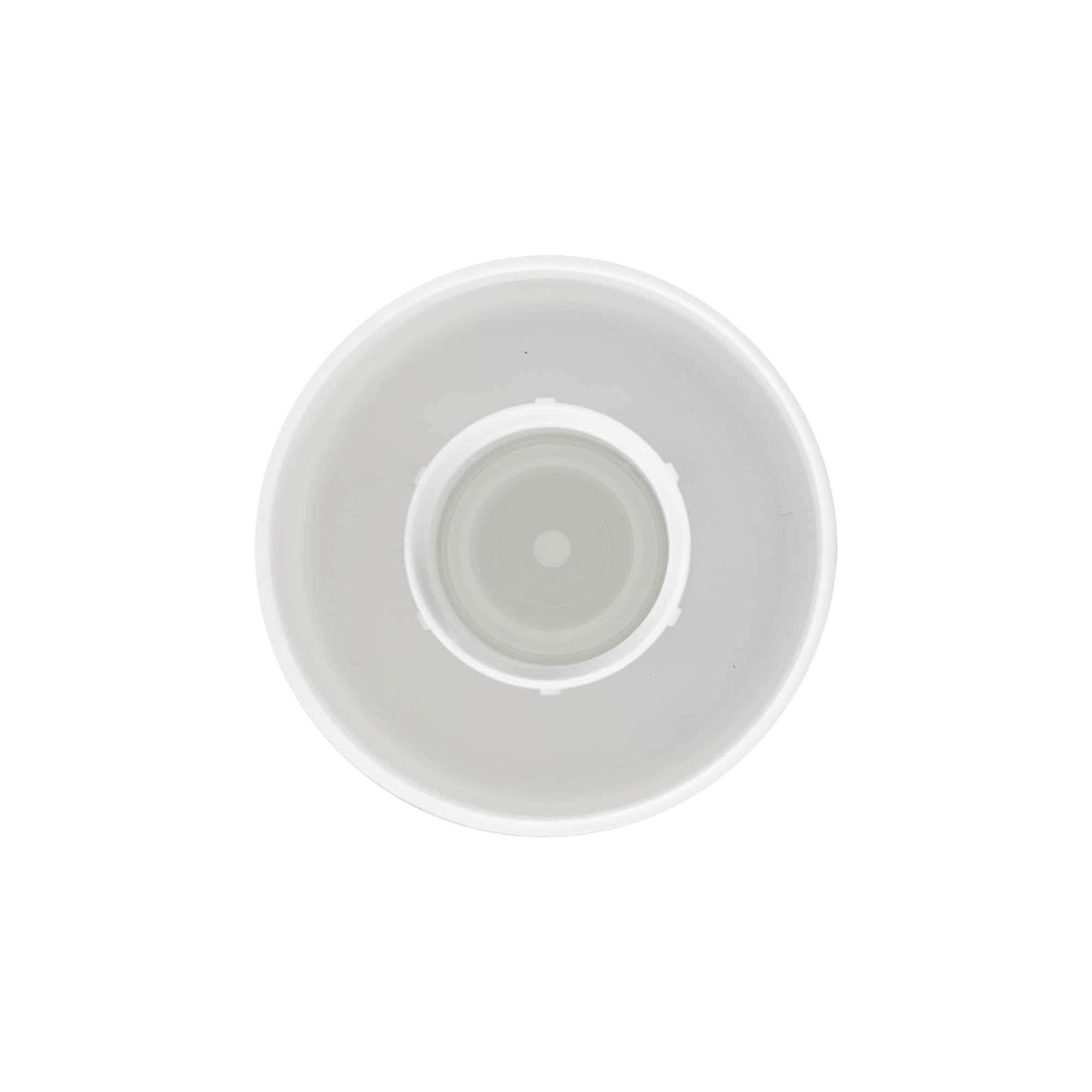 Bougage à vis pour bouteille ronde avec insert de pulvérisation, plastique PE, blanc, pour bouchage: GL 22