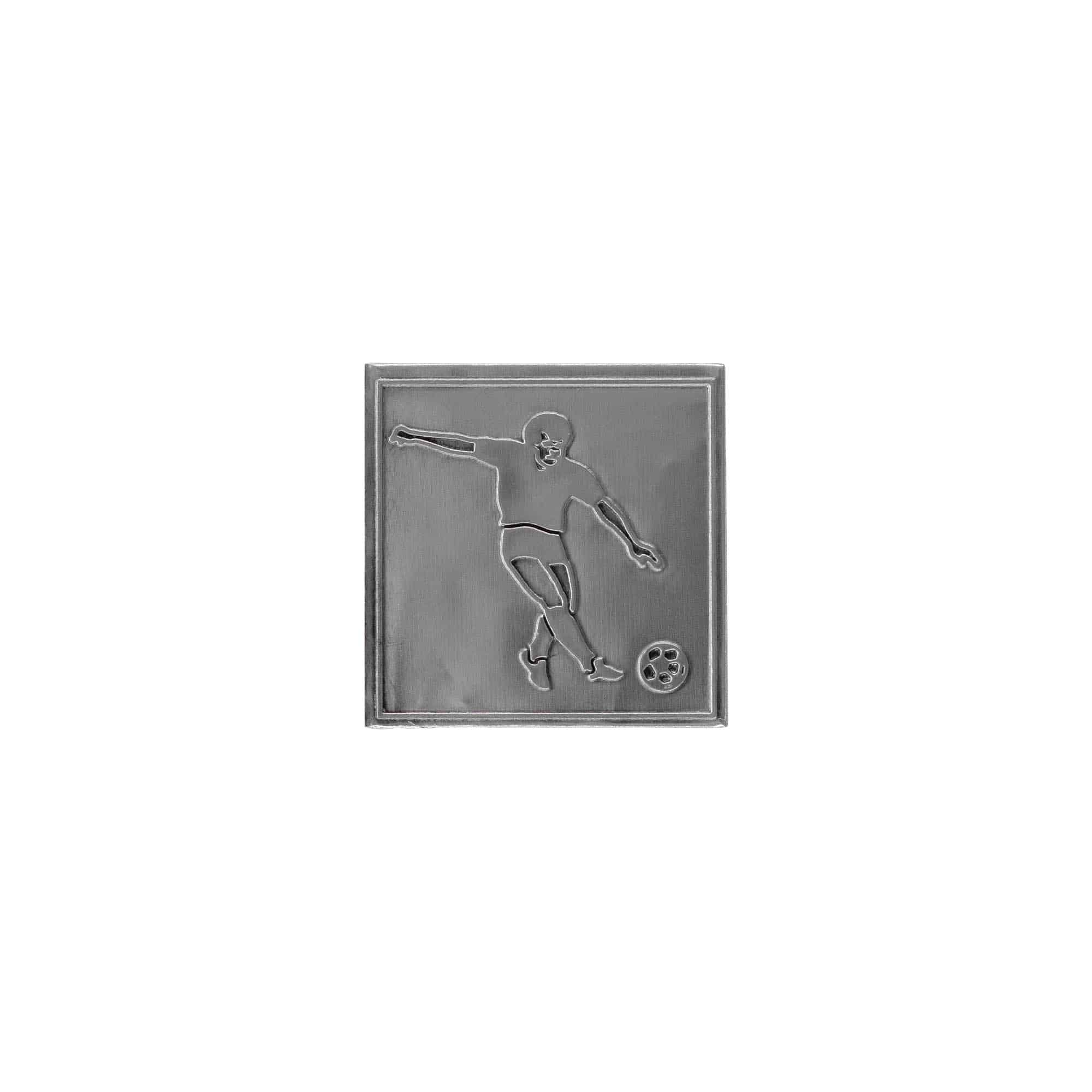 Tinnen etiket 'Voetbal', vierkant, metaal, zilver Tinnen etiket 'Voetbal', vierkant, metaal, zilver
