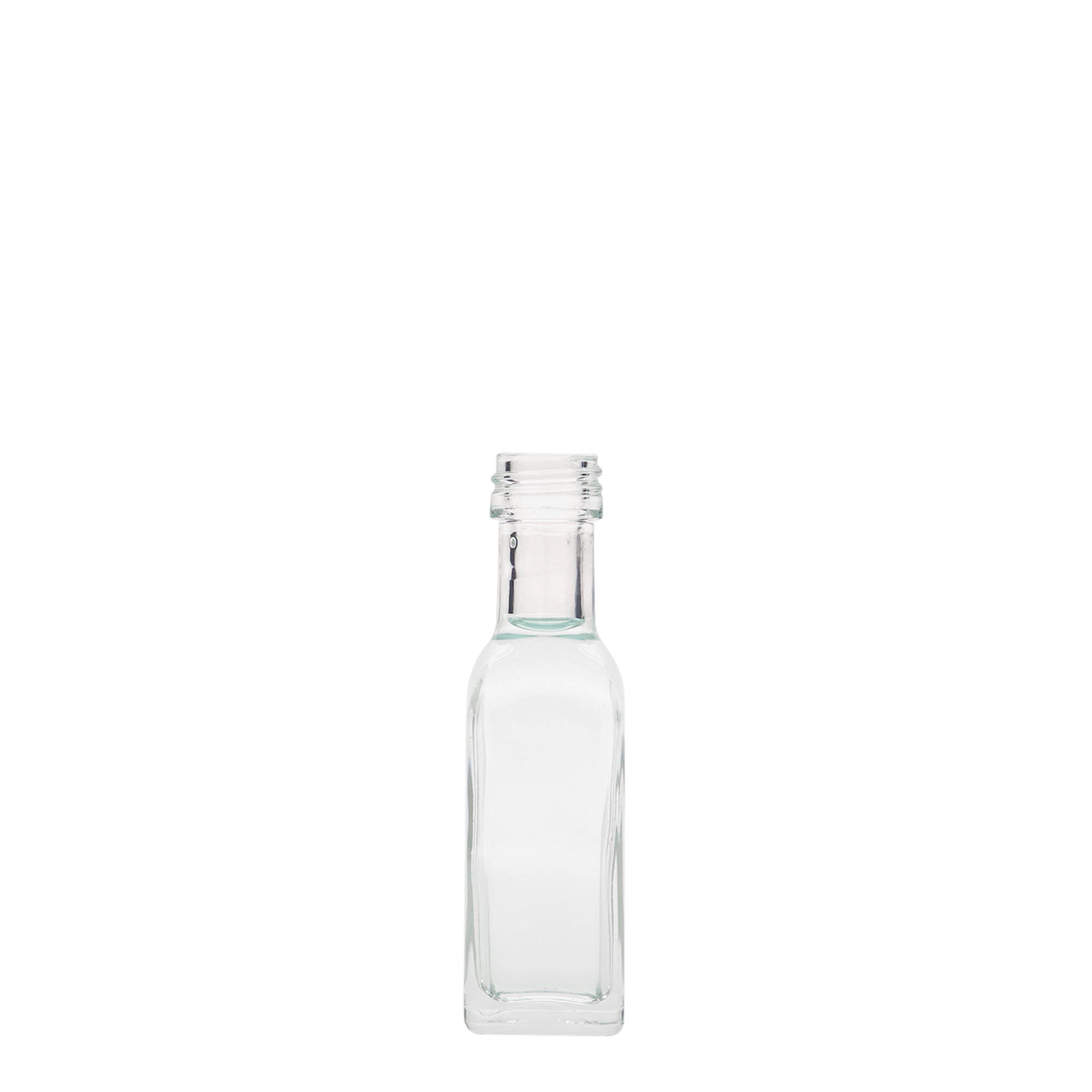 Bouteille en verre 20 ml « Marasca », carrée, bouchage: PP 18