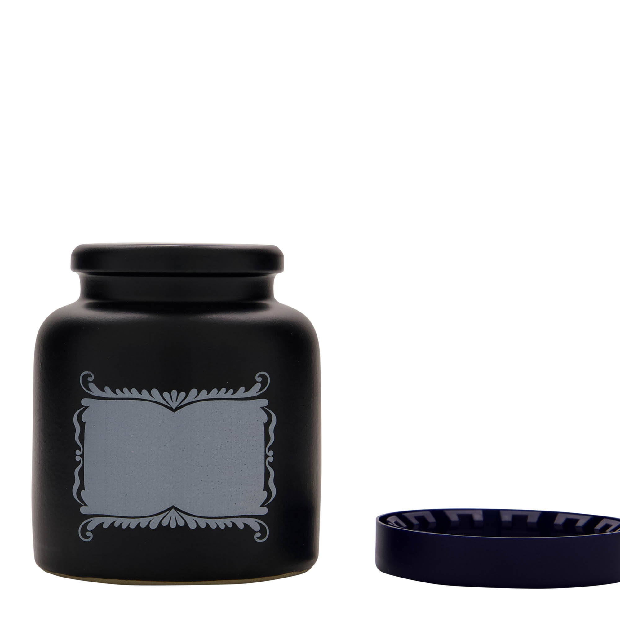 Steengoed pot, 270 ml, motief: etiketveld, keramiek, zwart, monding: stulpdeksel Steengoed pot, 270 ml, motief: etiketveld, keramiek, zwart, monding: stulpdeksel