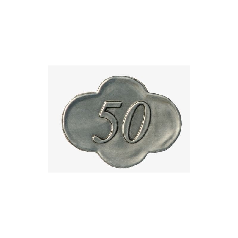 Tinnen etiket '50', metaal, zilver Tinnen etiket '50', metaal, zilver