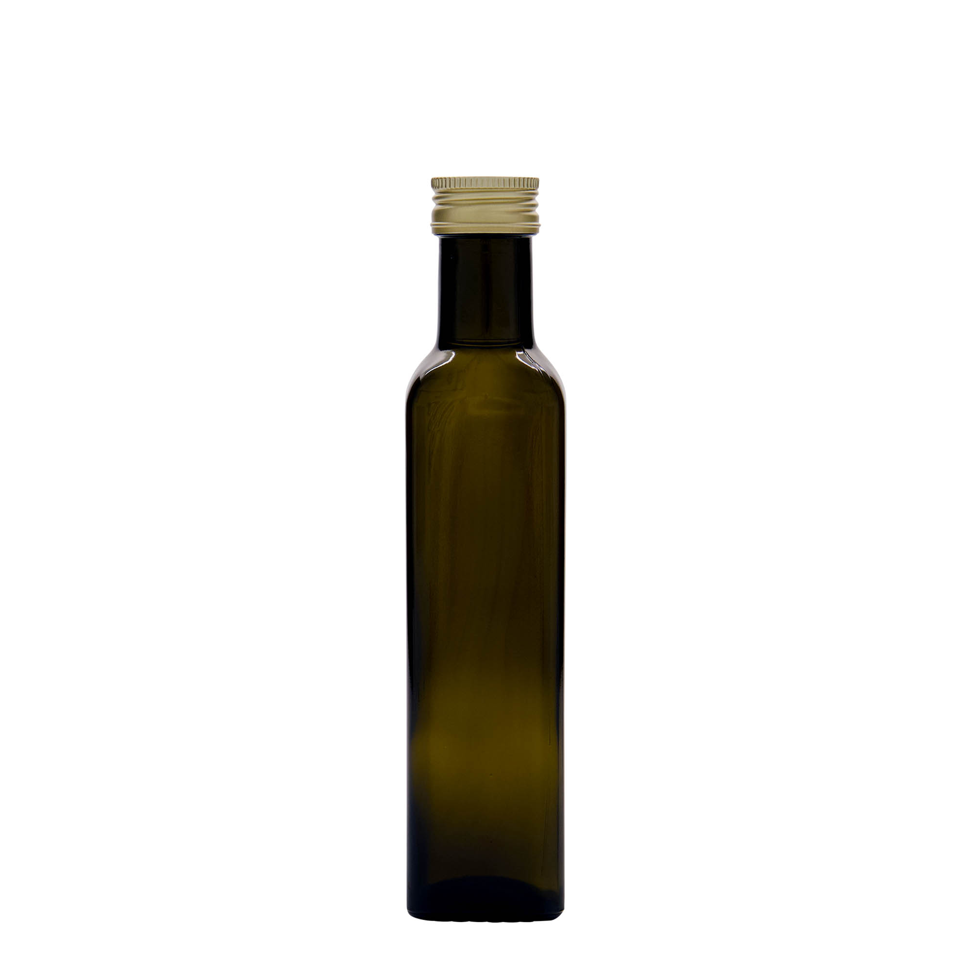 Glazen fles 'Marasca', 250 ml, vierkant, antiekgroen, monding: PP 31,5 Glazen fles 'Marasca', 250 ml, vierkant, antiekgroen, monding: PP 31,5