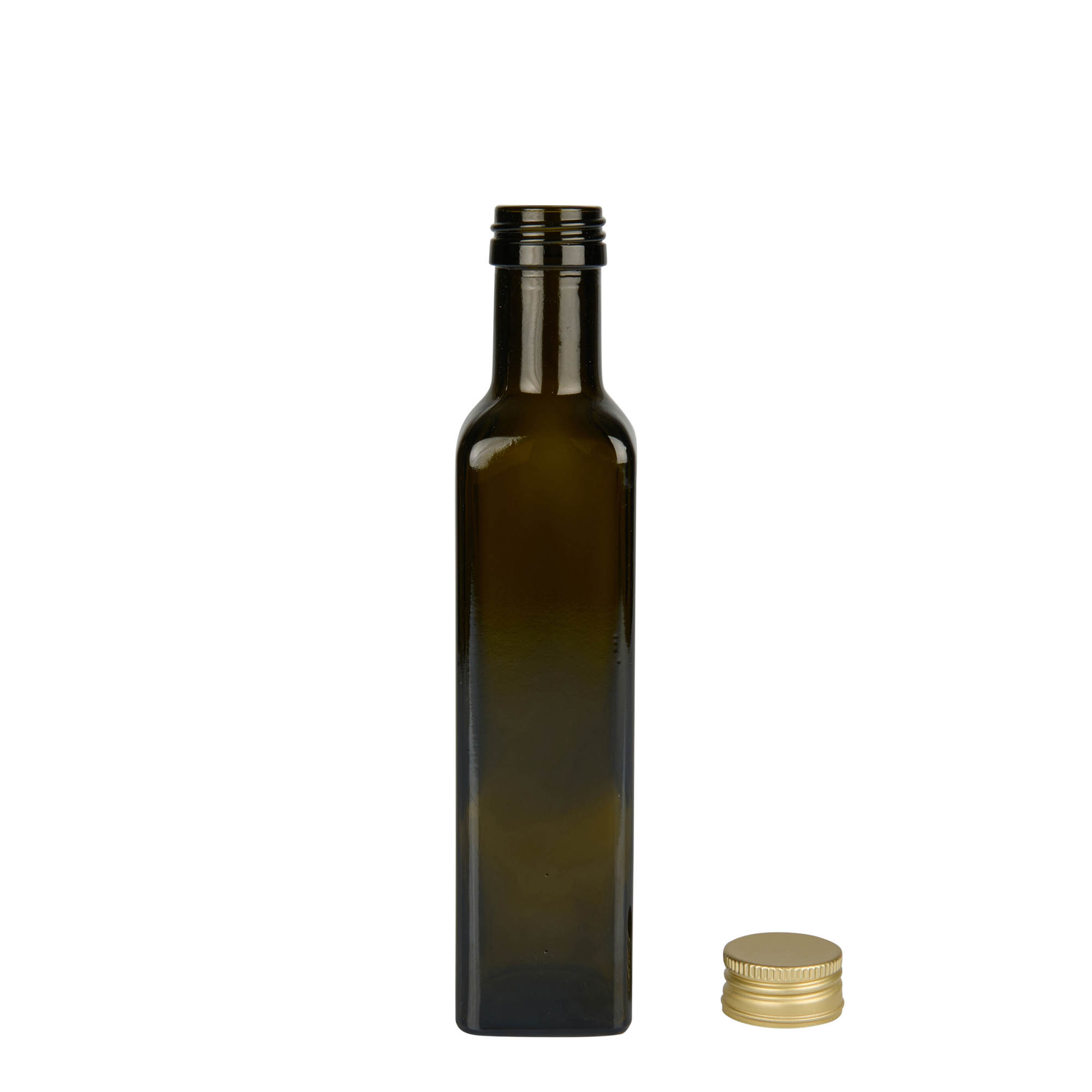 Glazen fles 'Marasca', 250 ml, vierkant, antiekgroen, monding: PP 31,5 Glazen fles 'Marasca', 250 ml, vierkant, antiekgroen, monding: PP 31,5