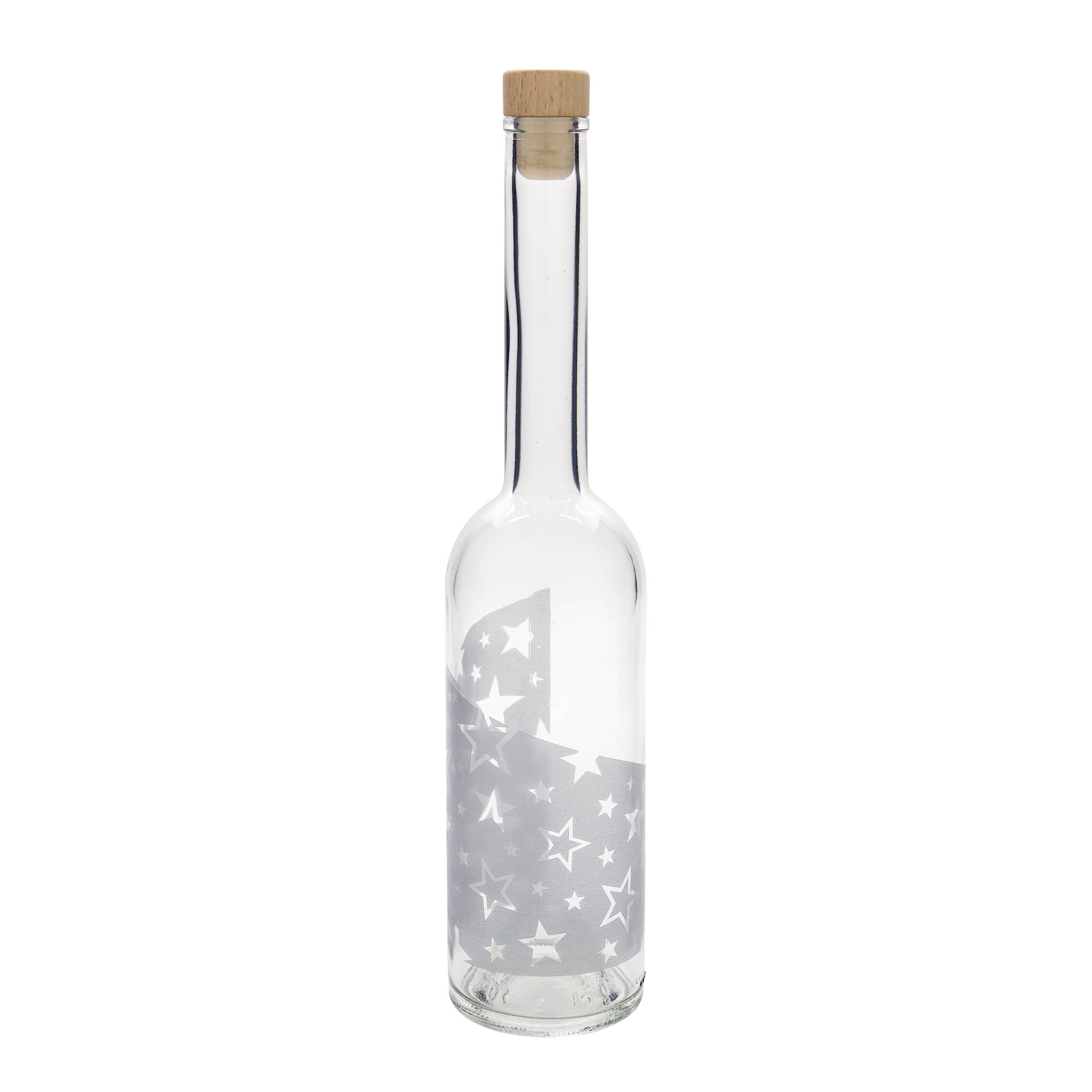 Glazen fles 'Opera', 500 ml, motief: Zilveren sterren, monding: kurk Glazen fles 'Opera', 500 ml, motief: Zilveren sterren, monding: kurk