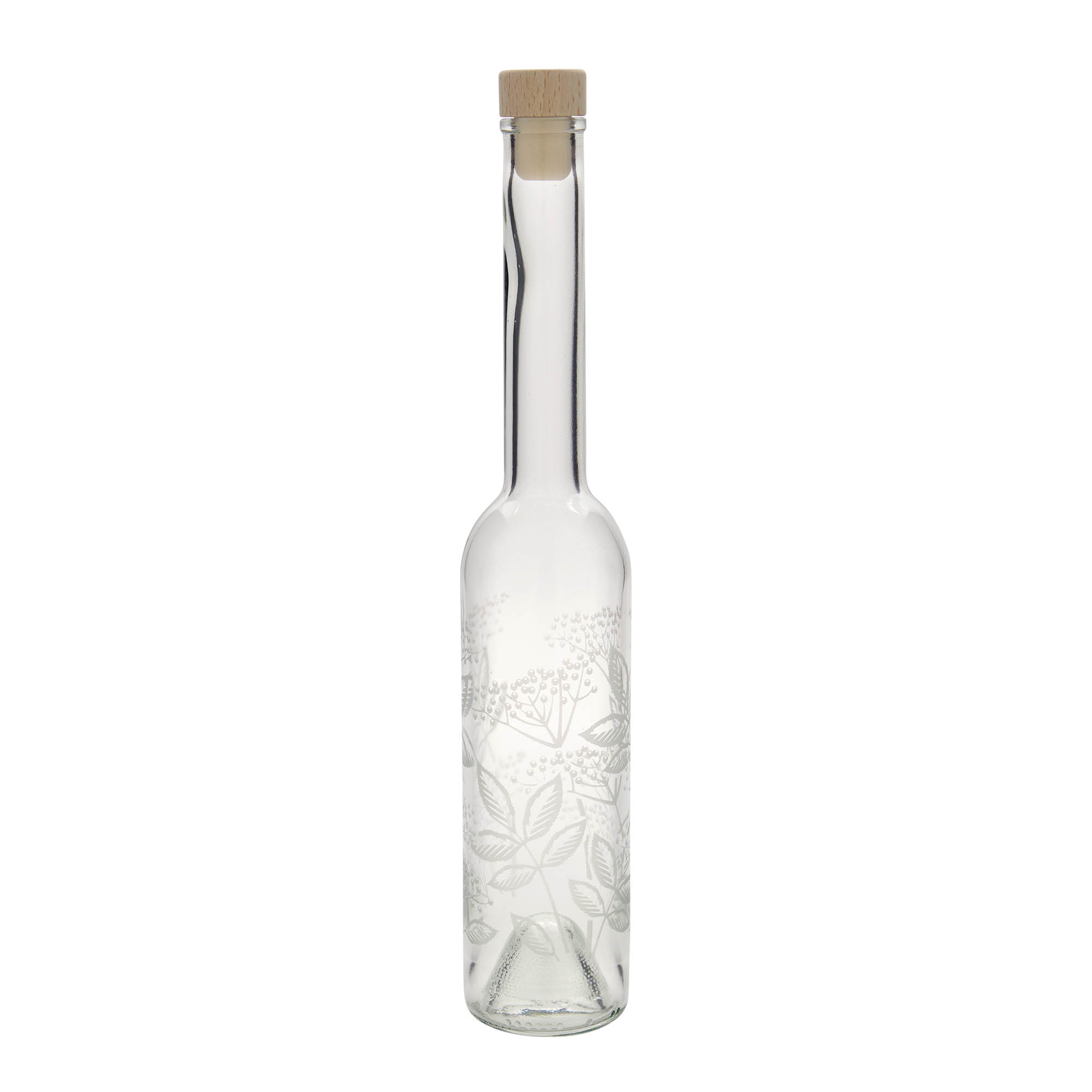 Glazen fles 'Opera', 350 ml, motief: Vlierbessen, monding: kurk Glazen fles 'Opera', 350 ml, motief: Vlierbessen, monding: kurk