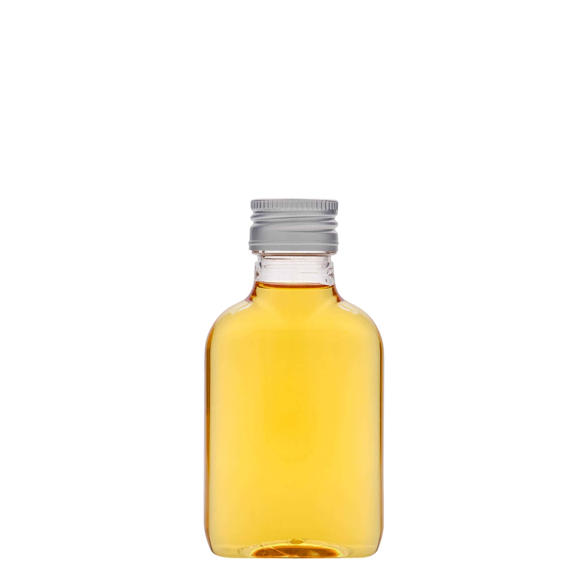 Flasque 100 ml, ovale, plastique PET, bouchage: PP 28