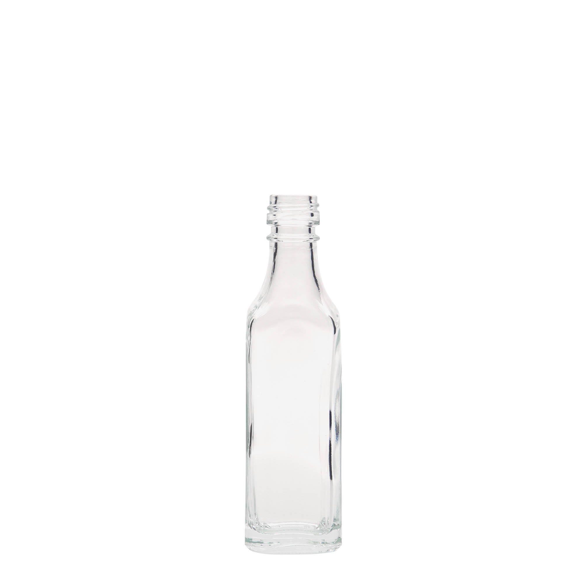 Glazen fles 'Siena', 50 ml, vierkant, monding: PP 18 Glazen fles 'Siena', 50 ml, vierkant, monding: PP 18