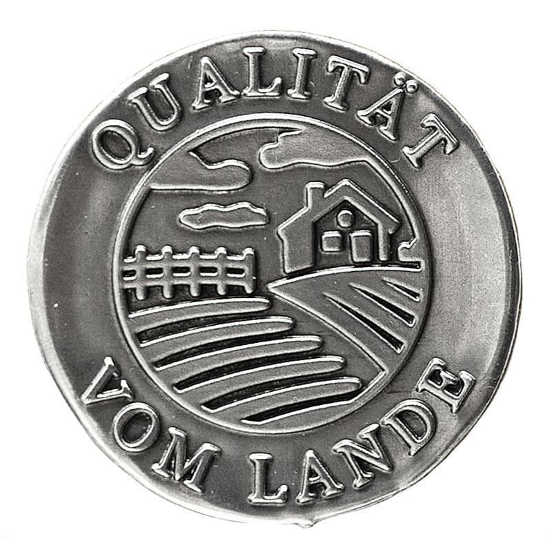 Tinnen etiket 'Kwaliteit van het land', rond, metaal, zilver