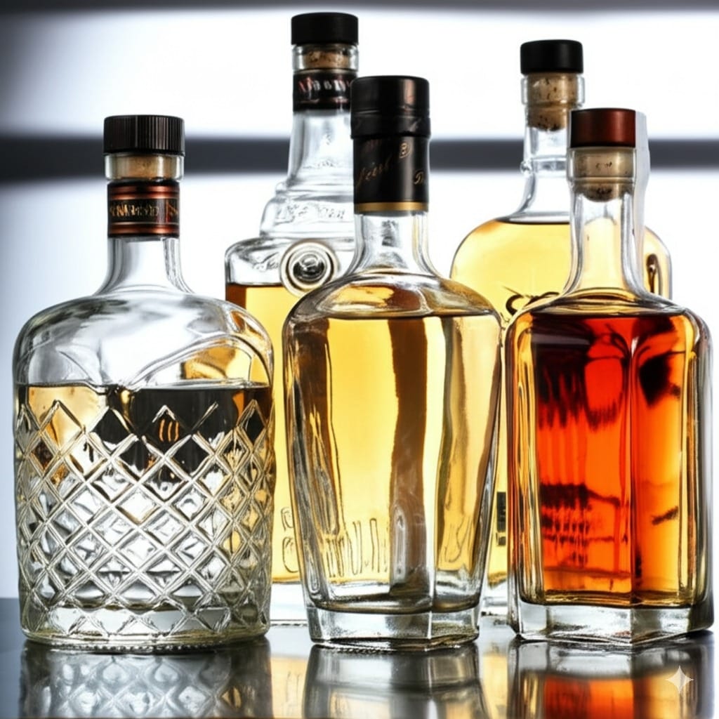 Gefüllte Spirituosenflaschen stehen als Gruppe vor einem weiß-grauen Hintergrund