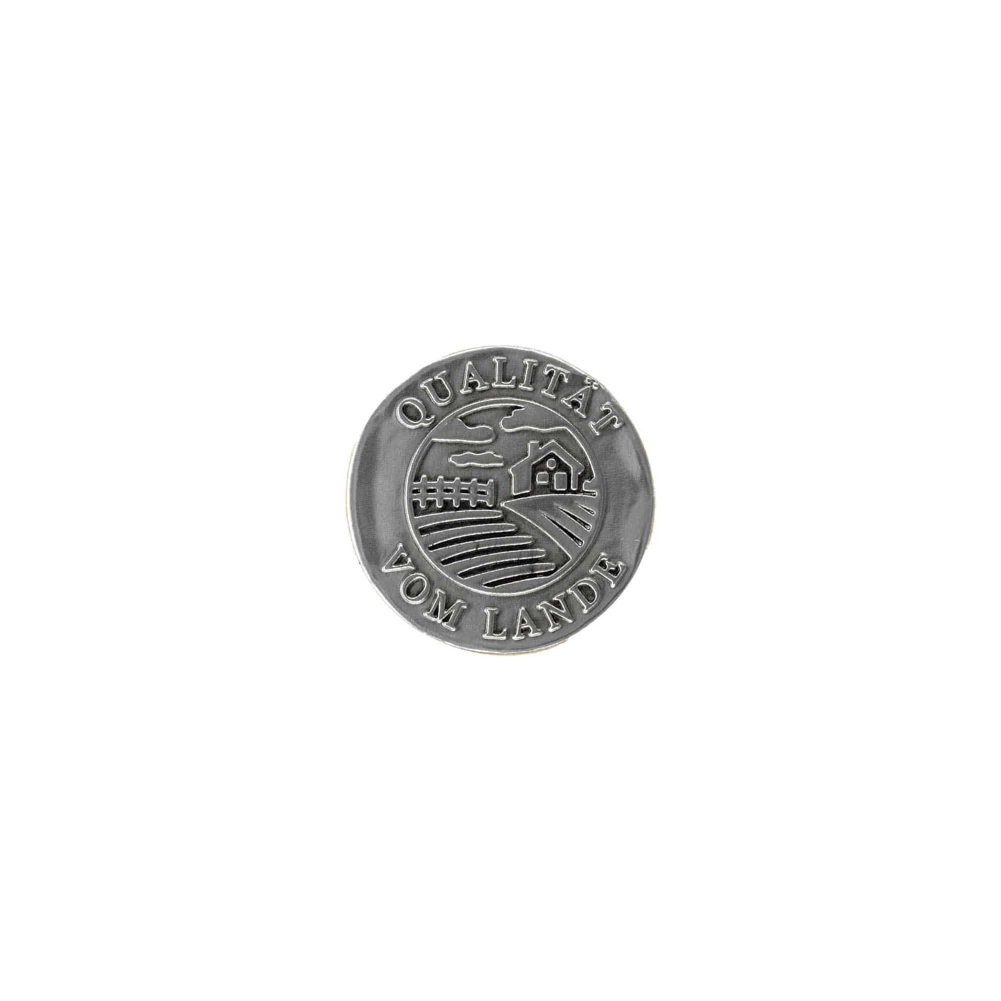 Étiquette en étain 'Qualité régionale', ronde, métallique, argentée Étiquette en étain 'Qualité régionale', ronde, métallique, argentée