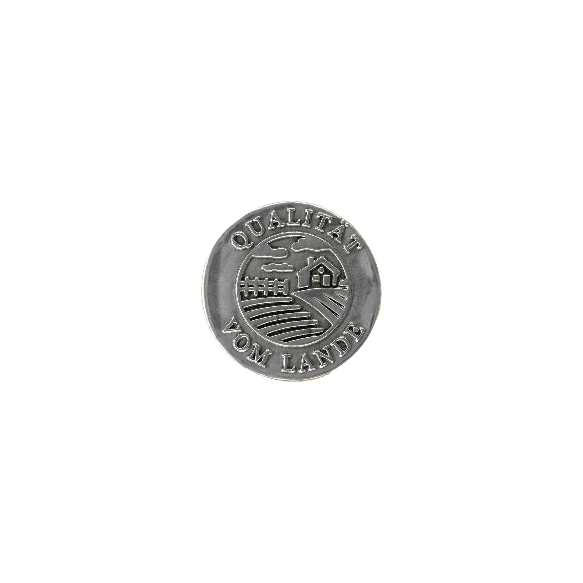 Étiquette en étain 'Qualité régionale', ronde, métallique, argentée Étiquette en étain 'Qualité régionale', ronde, métallique, argentée