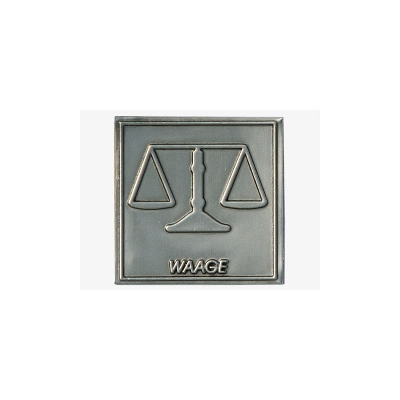 Tinnen etiket 'Weegschaal', vierkant, metaal, zilver Tinnen etiket 'Weegschaal', vierkant, metaal, zilver