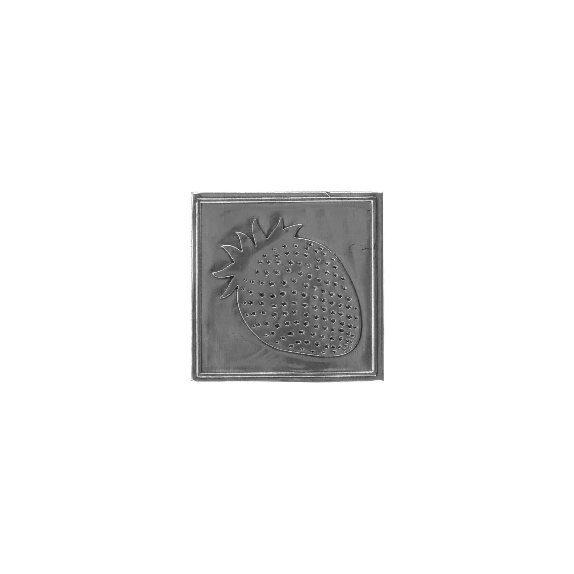 Tinnen etiket 'Aardbei', vierkant, metaal, zilver