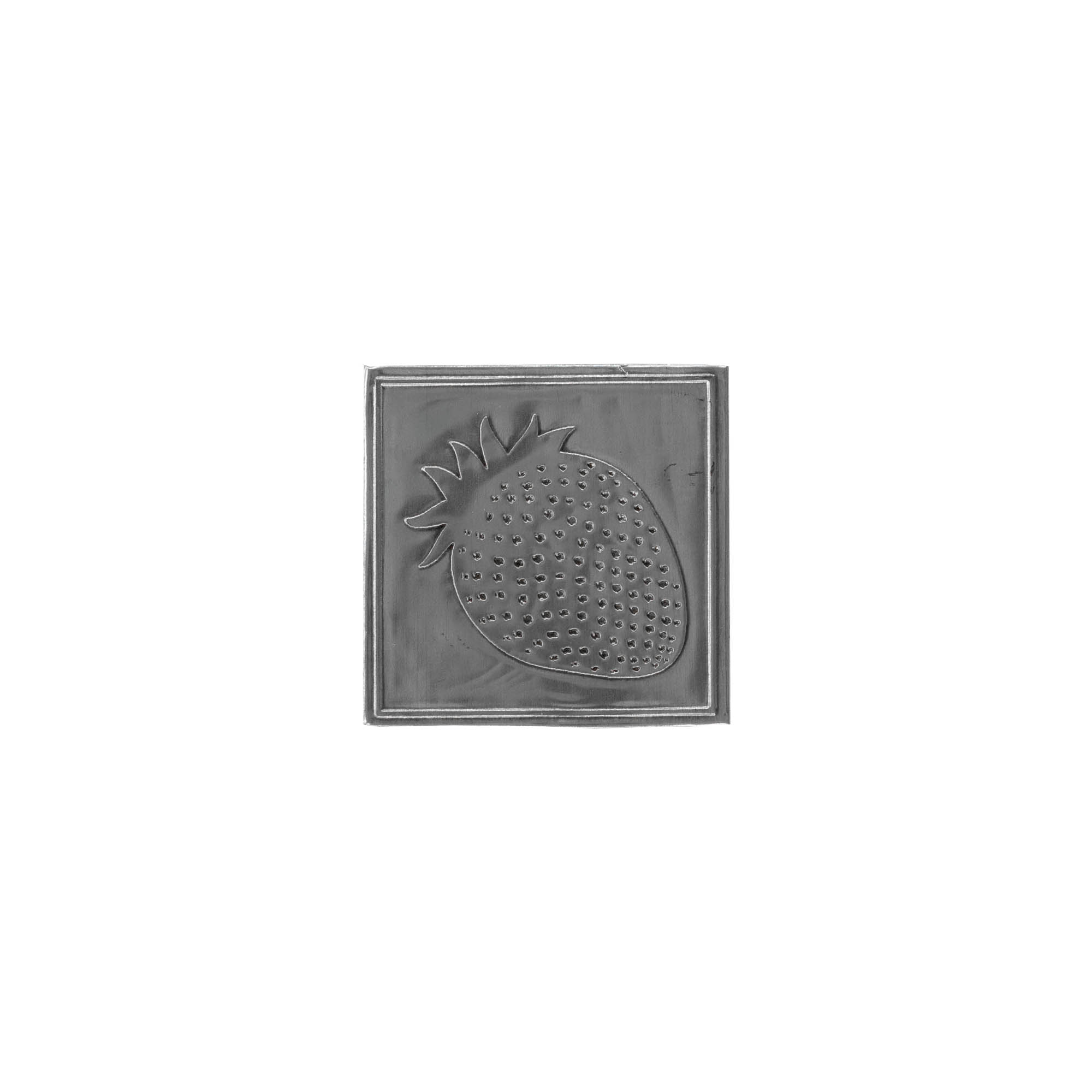 Tinnen etiket 'Aardbei', vierkant, metaal, zilver Tinnen etiket 'Aardbei', vierkant, metaal, zilver