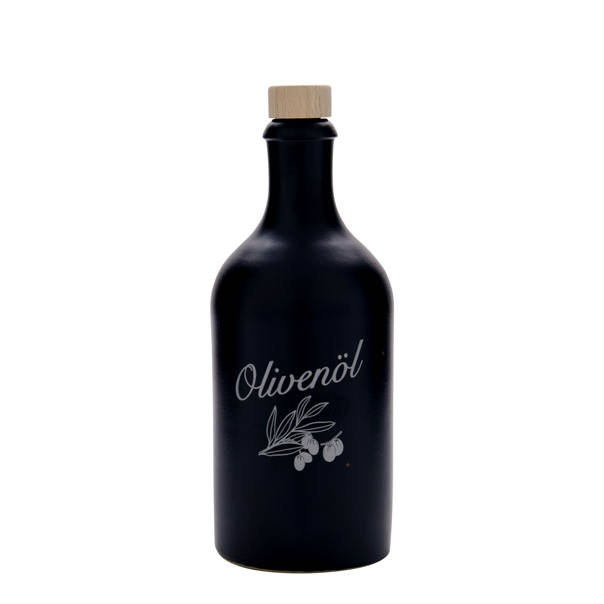 Chope en terre cuite 500 ml, motif : huile d’olive, grès, noir, bouchage: bouchon Chope en terre cuite 500 ml, motif : huile d’olive, grès, noir, bouchage: bouchon