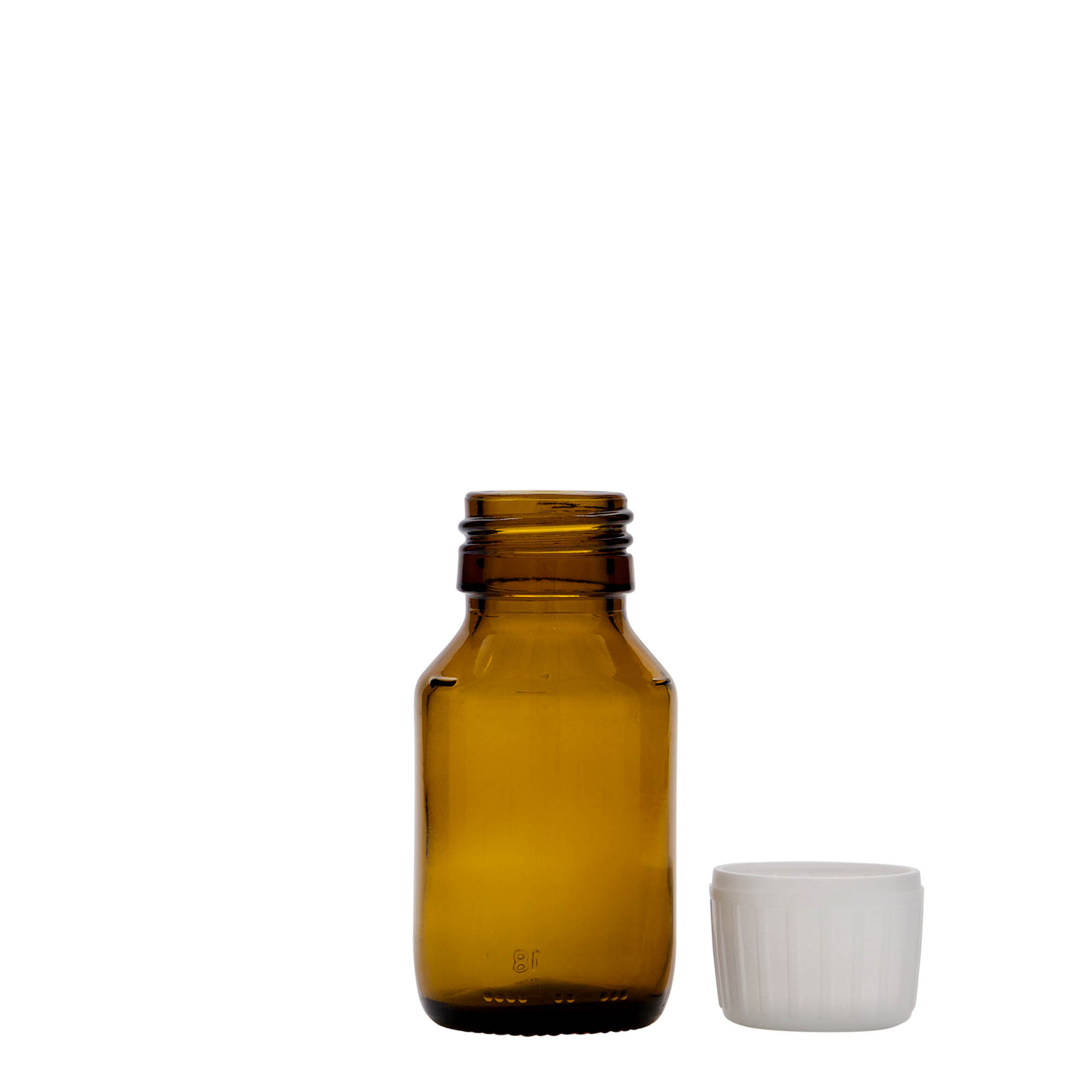 Flacon pharmaceutique 50 ml, brun, verre, bouchage: PP 28 Flacon pharmaceutique 50 ml, brun, verre, bouchage: PP 28