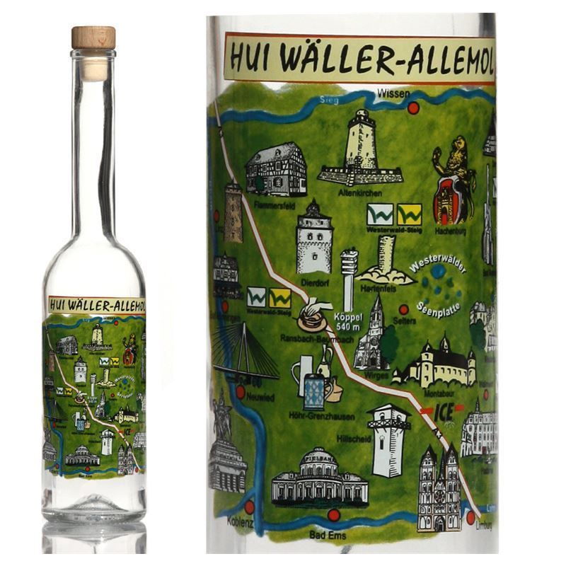 Glazen fles 'Opera', 500 ml, motief: Westerwald, monding: kurk Glazen fles 'Opera', 500 ml, motief: Westerwald, monding: kurk