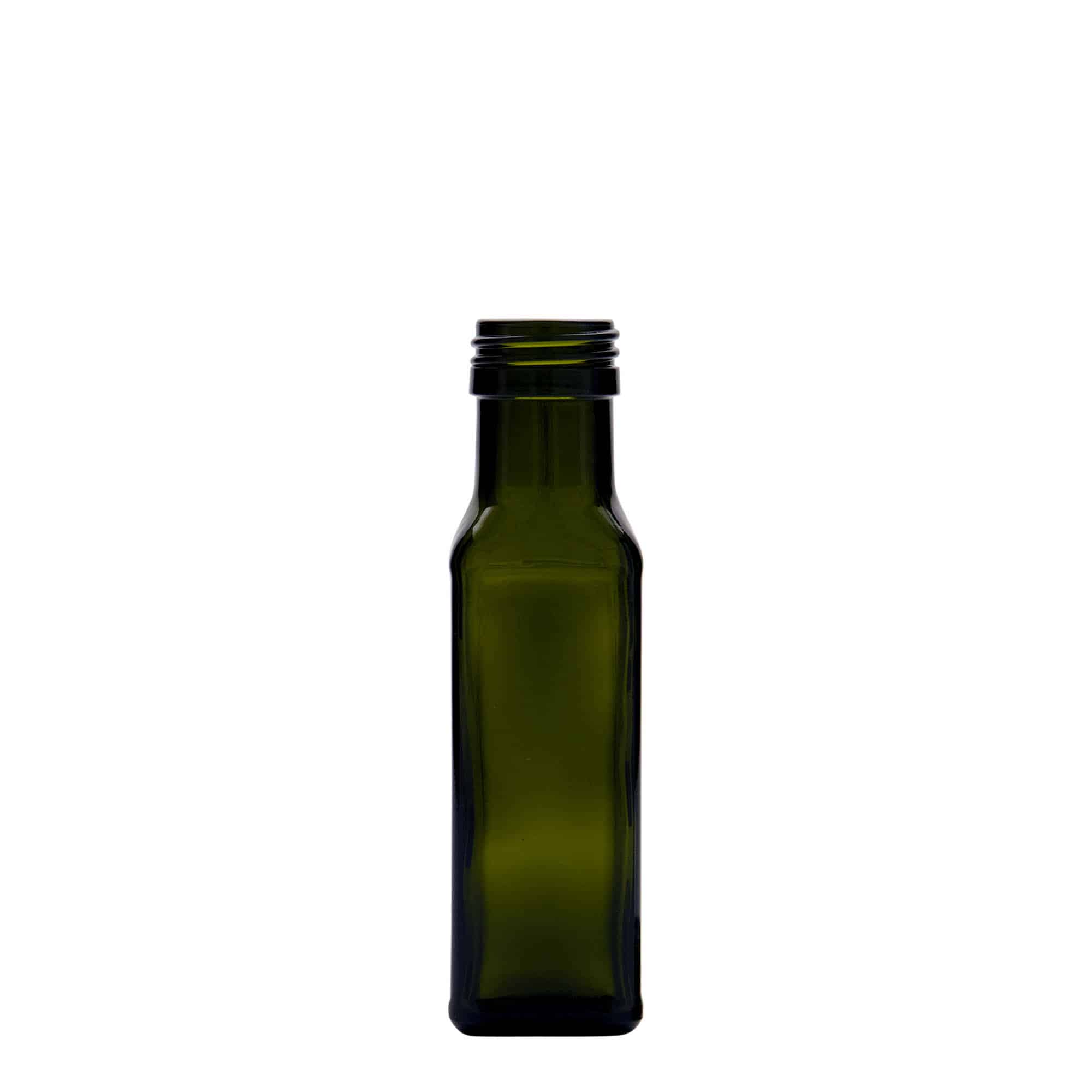 Bouteille en verre 100 ml 'Marasca', carrée, vert antique, bouchage: PP 31,5