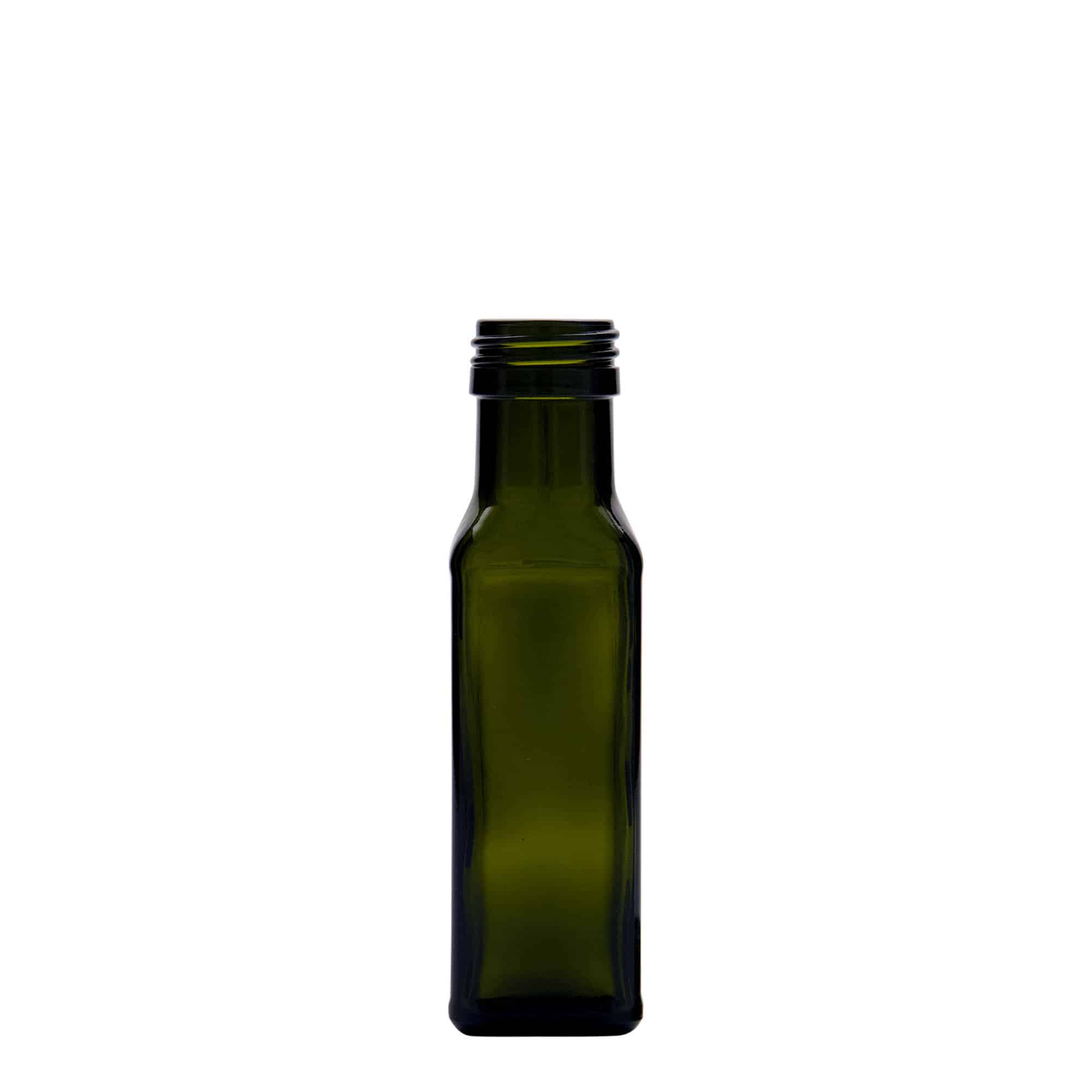 Bouteille en verre 100 ml 'Marasca', carrée, vert antique, bouchage: PP 31,5