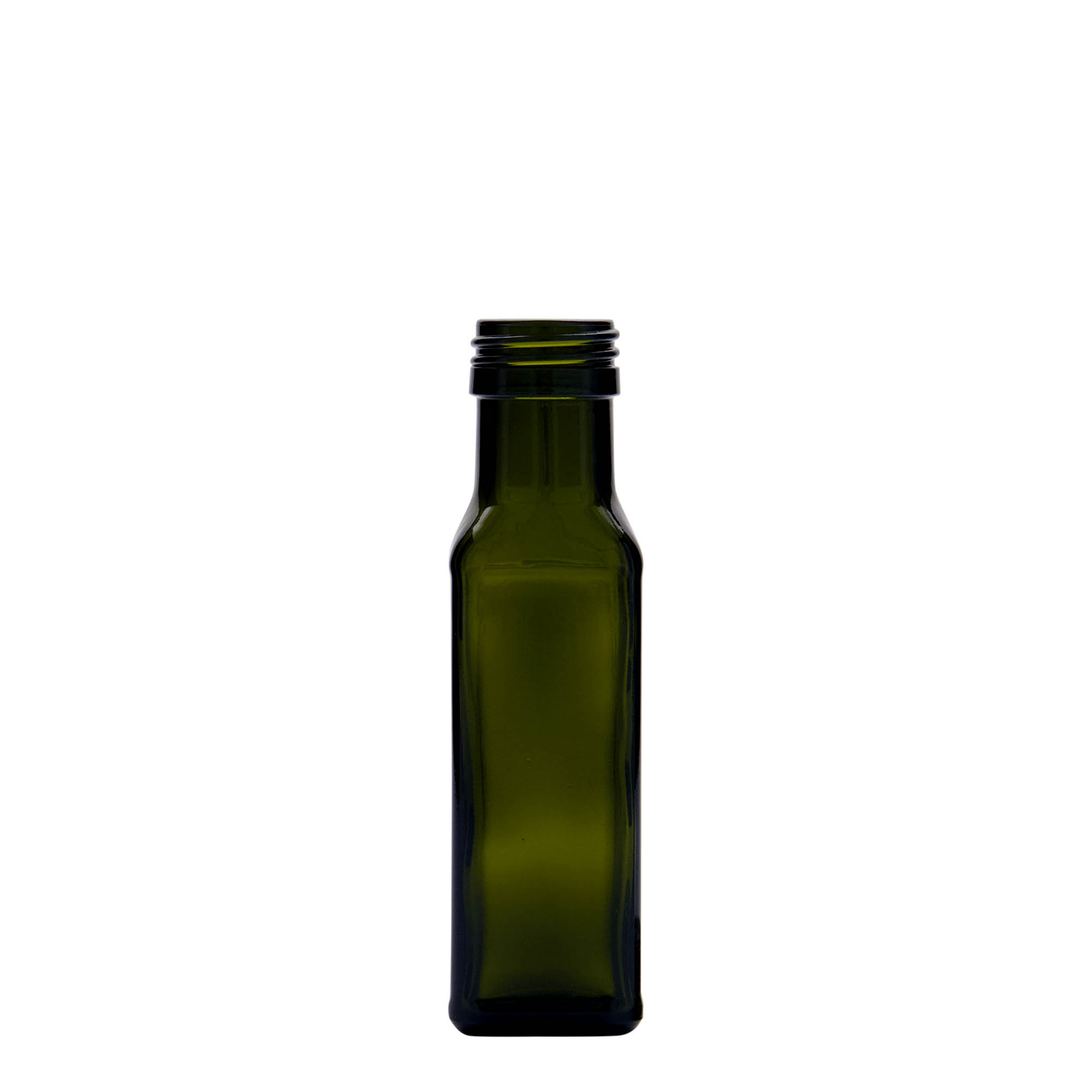 Bouteille en verre 100 ml « Marasca », carrée, vert antique, bouchage: PP 31,5