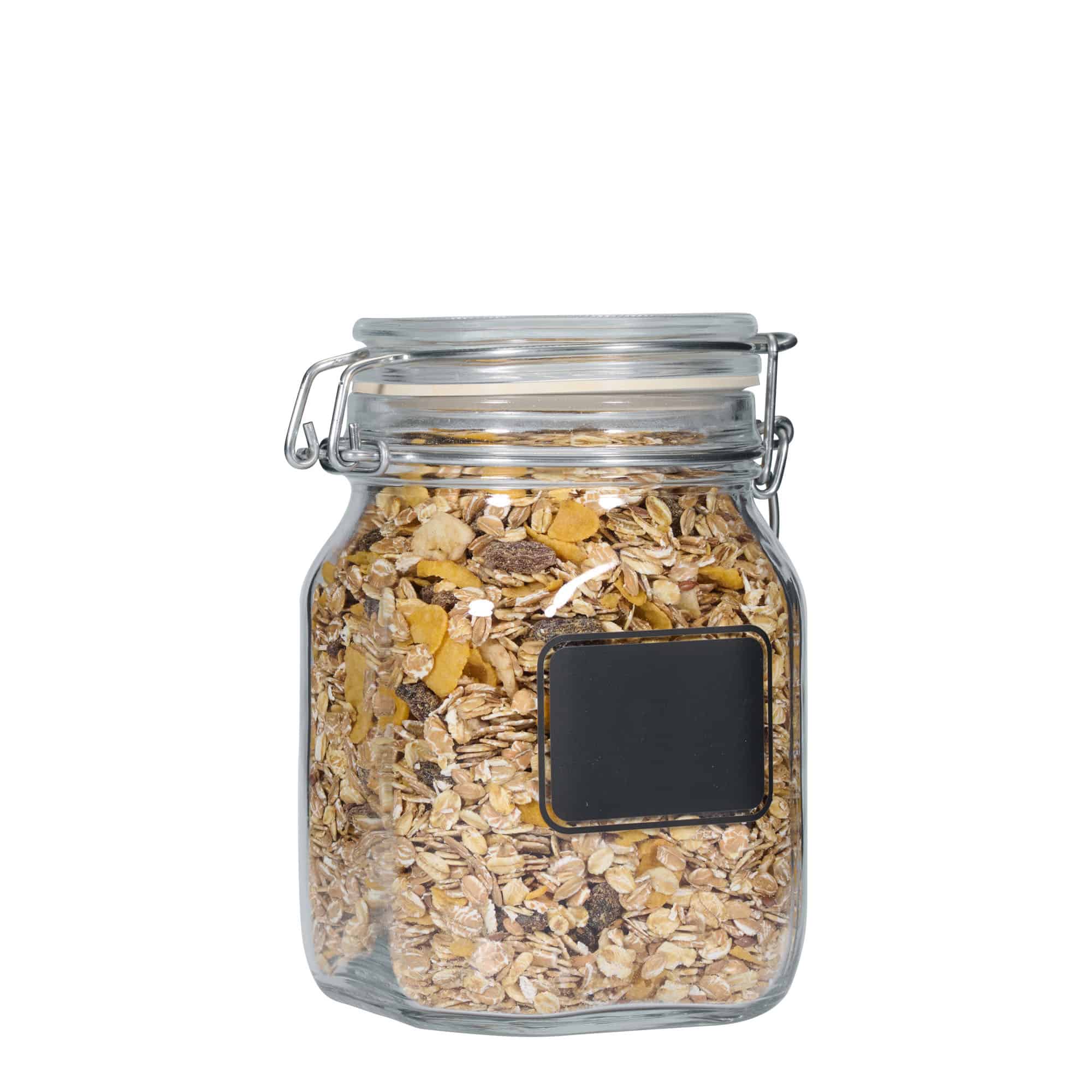 Pot met beugelsluiting 'Fido', 1000 ml, motief: etiketveld, vierkant, monding: beugelsluiting