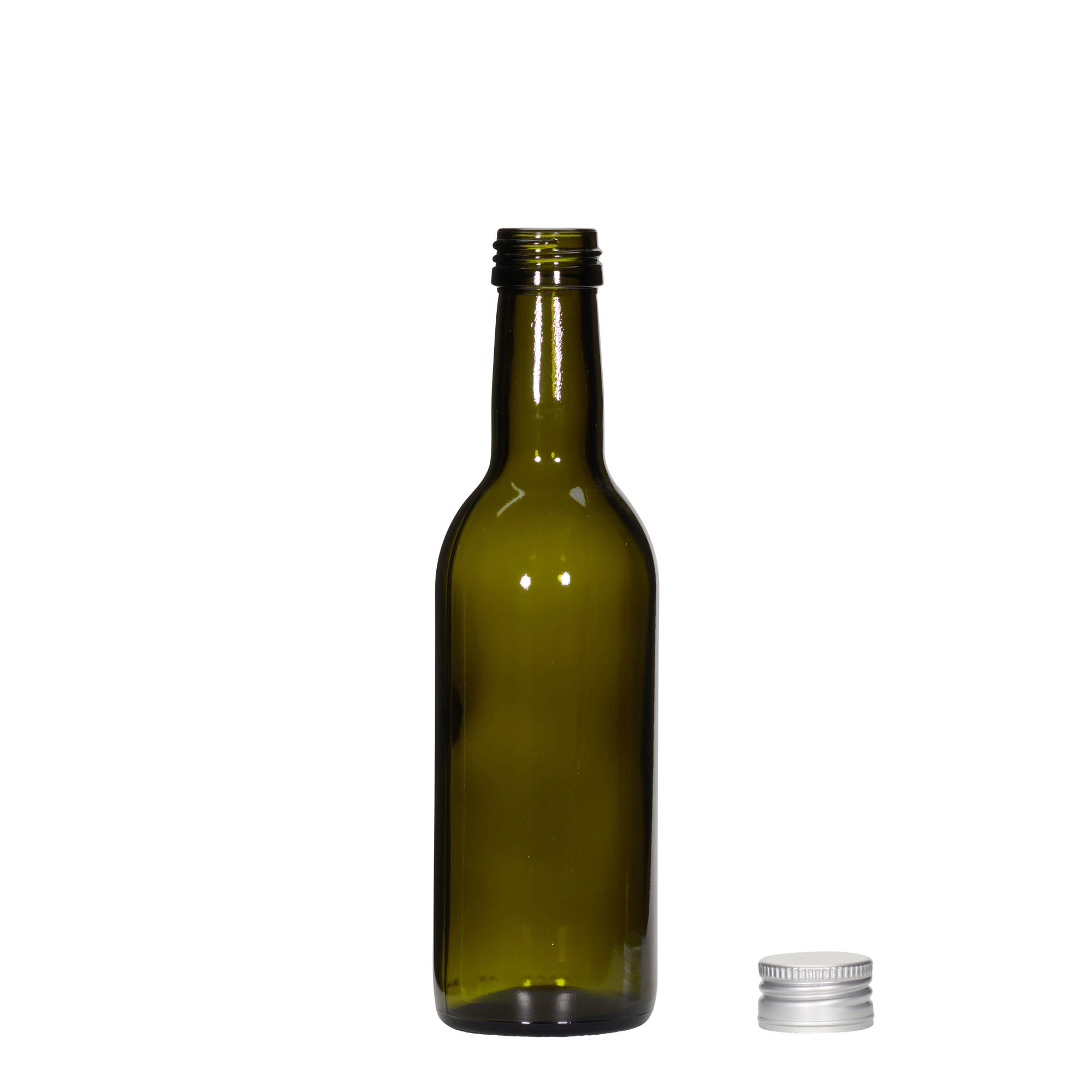 Glazen fles 'Bordeaux', 250 ml, antiekgroen, monding: PP 28 Glazen fles 'Bordeaux', 250 ml, antiekgroen, monding: PP 28