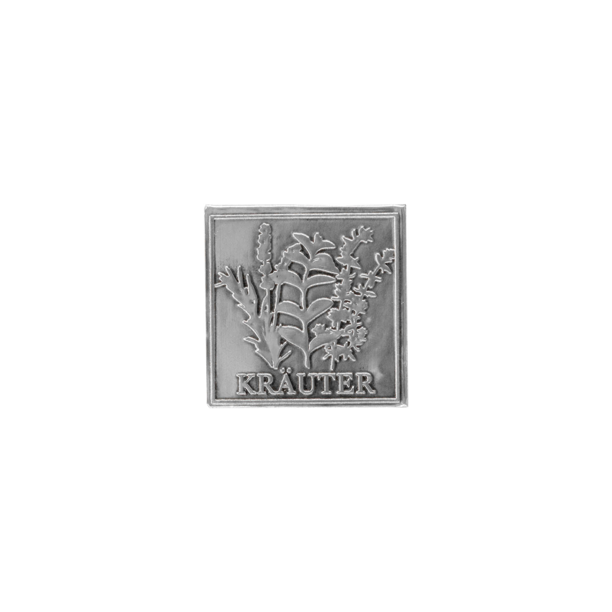 Tinnen etiket 'Kruiden', vierkant, metaal, zilver Tinnen etiket 'Kruiden', vierkant, metaal, zilver