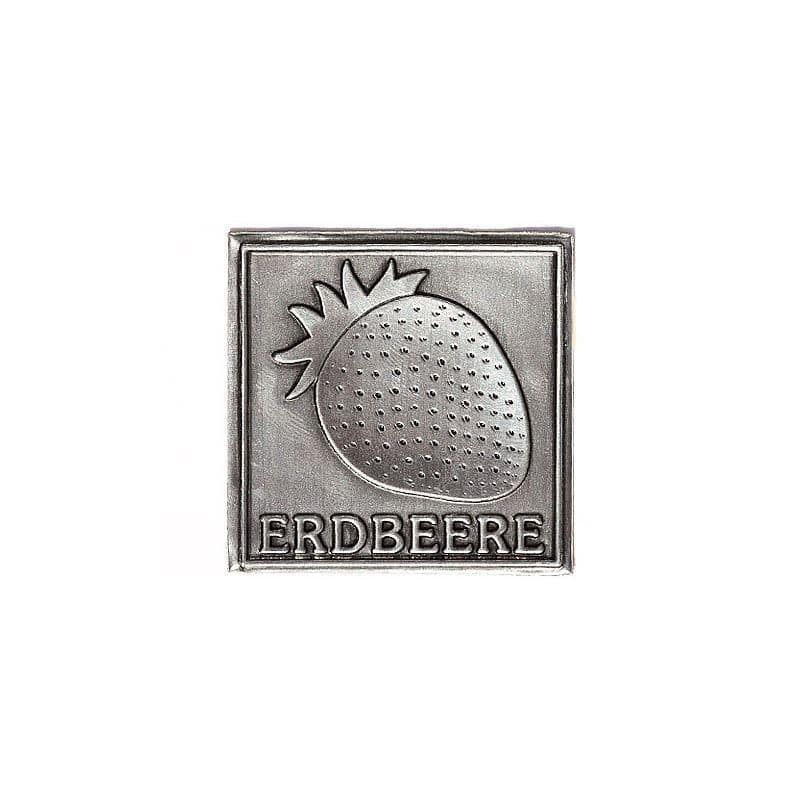 Tinnen etiket 'Aardbei', vierkant, metaal, zilver