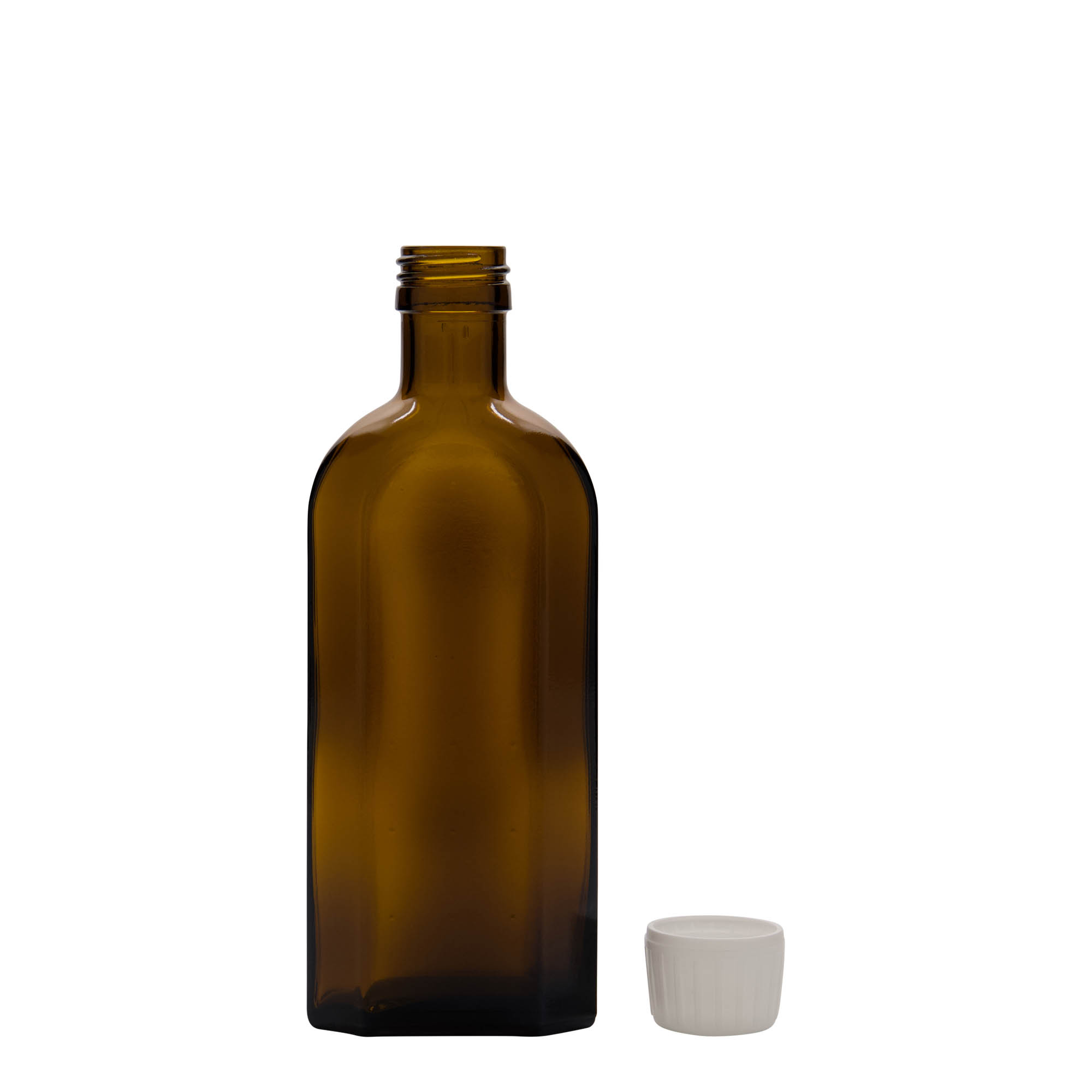 Flacon pharmaceutique Meplat 250 ml, ovale, verre, marron, bouchage: PP 28 Flacon pharmaceutique Meplat 250 ml, ovale, verre, marron, bouchage: PP 28