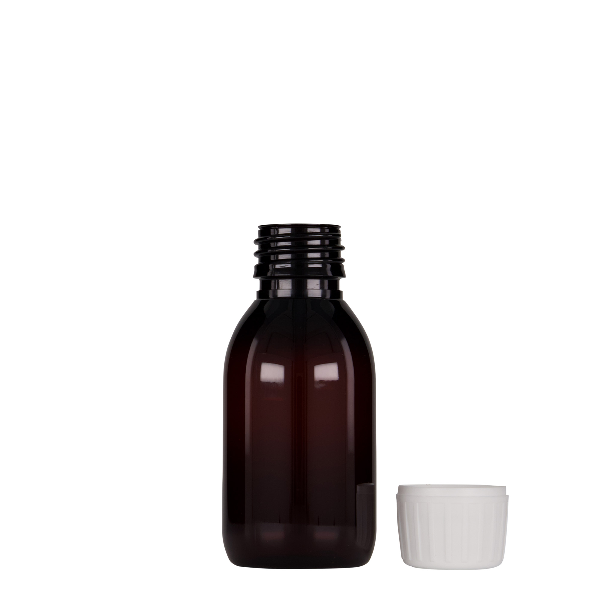 Flacon pharmaceutique en PET 100 ml, brun, plastique, bouchage: PP 28 Flacon pharmaceutique en PET 100 ml, brun, plastique, bouchage: PP 28