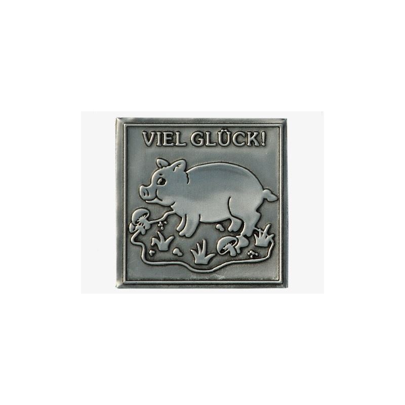 Tinnen etiket 'Veel geluk', vierkant, metaal, zilver Tinnen etiket 'Veel geluk', vierkant, metaal, zilver