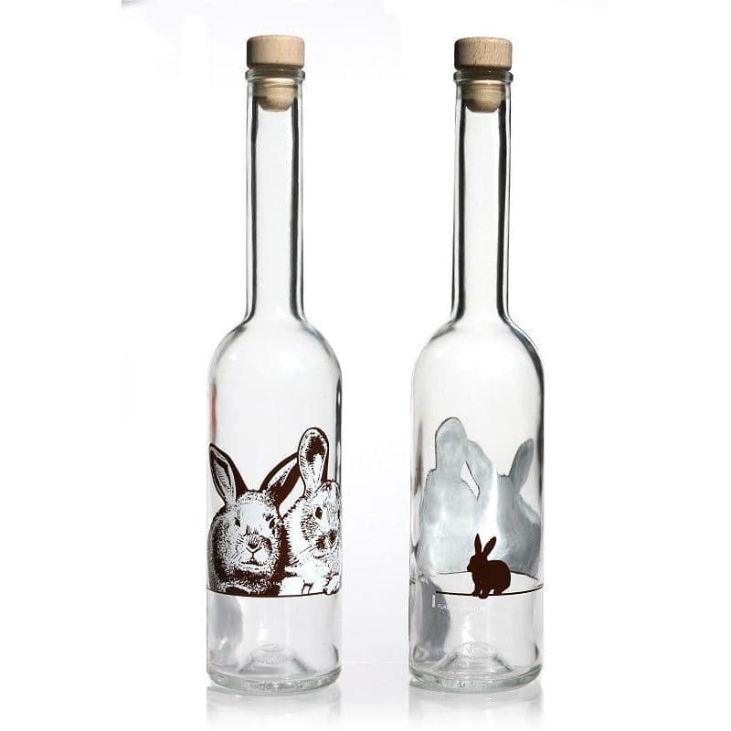Glazen fles 'Opera', 500 ml, motief: Konijnen, monding: kurk Glazen fles 'Opera', 500 ml, motief: Konijnen, monding: kurk