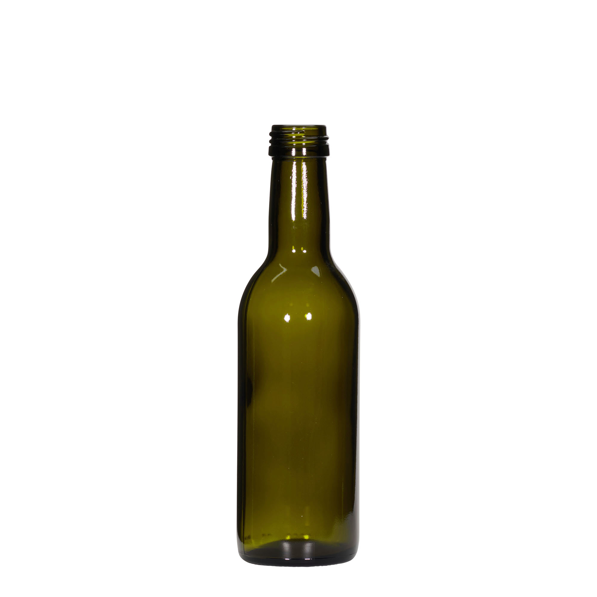 Glazen fles 'Bordeaux', 250 ml, antiekgroen, monding: PP 28 Glazen fles 'Bordeaux', 250 ml, antiekgroen, monding: PP 28