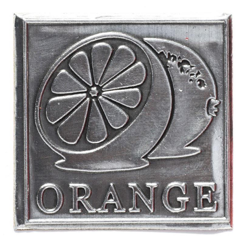 Étiquette en étain 'Orange', carrée, métallique, argentée Étiquette en étain 'Orange', carrée, métallique, argentée