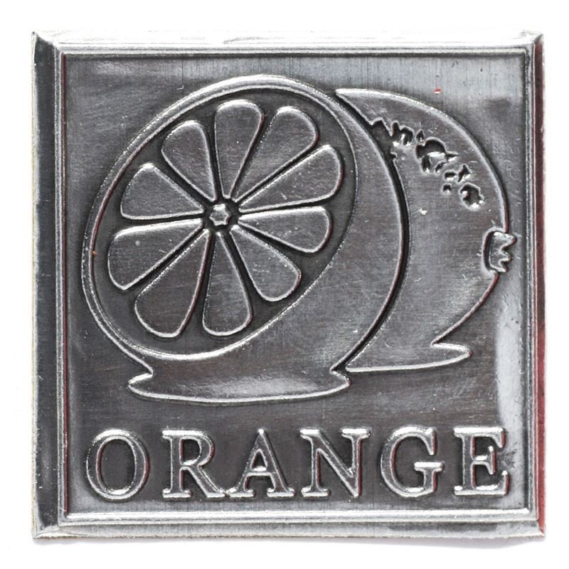 Étiquette en étain « Orange », carrée, métallique, argentée