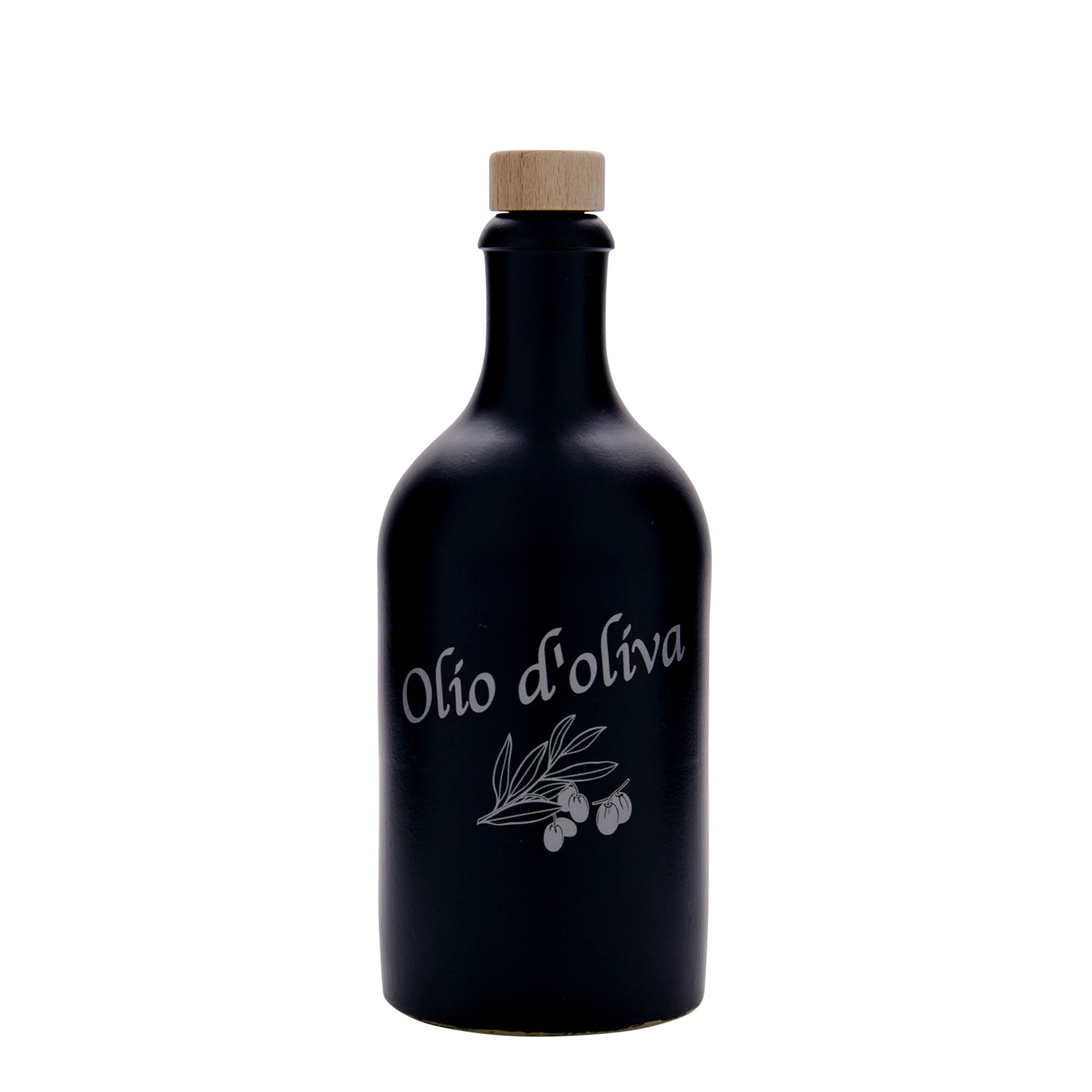 Chope en terre cuite 500 ml, motif : huile d’olive, grès, noir, bouchage: bouchon Chope en terre cuite 500 ml, motif : huile d’olive, grès, noir, bouchage: bouchon