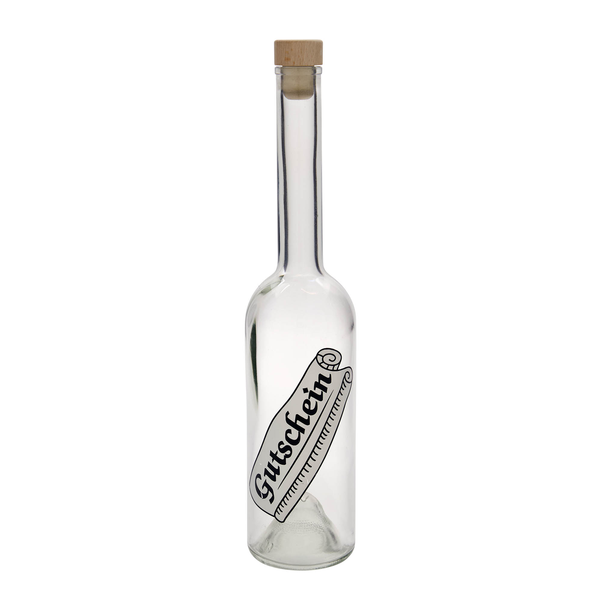 Glazen fles 'Opera', 500 ml, motief: Waardebon, monding: kurk Glazen fles 'Opera', 500 ml, motief: Waardebon, monding: kurk