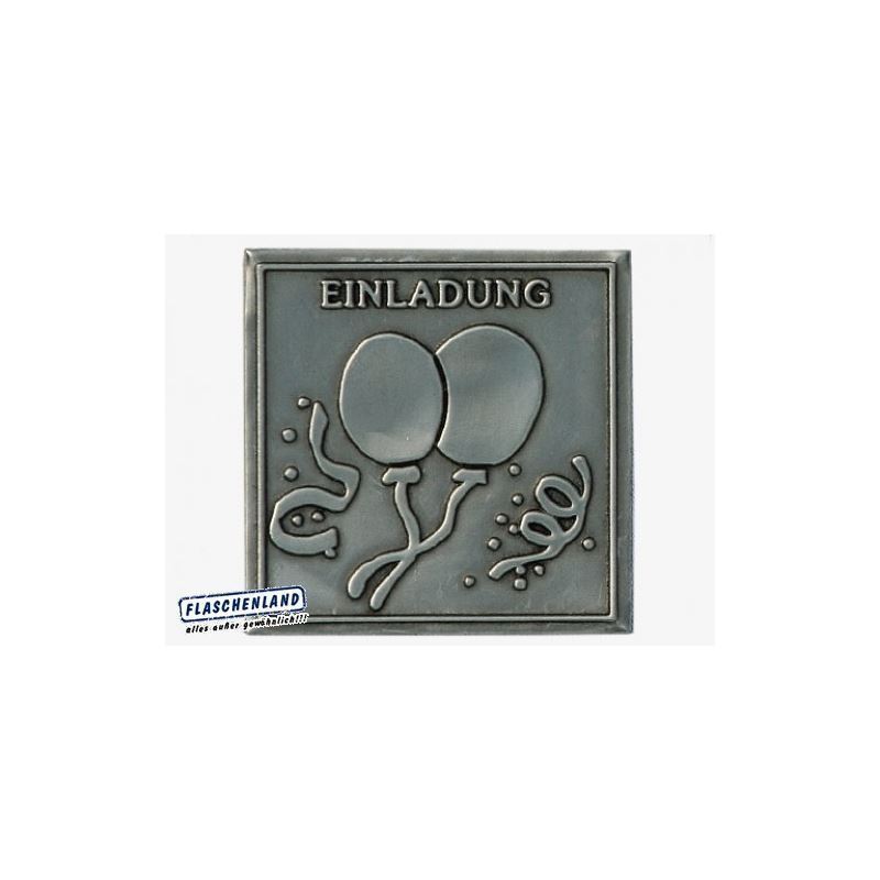 Tinnen etiket 'Uitnodiging', vierkant, metaal, zilver