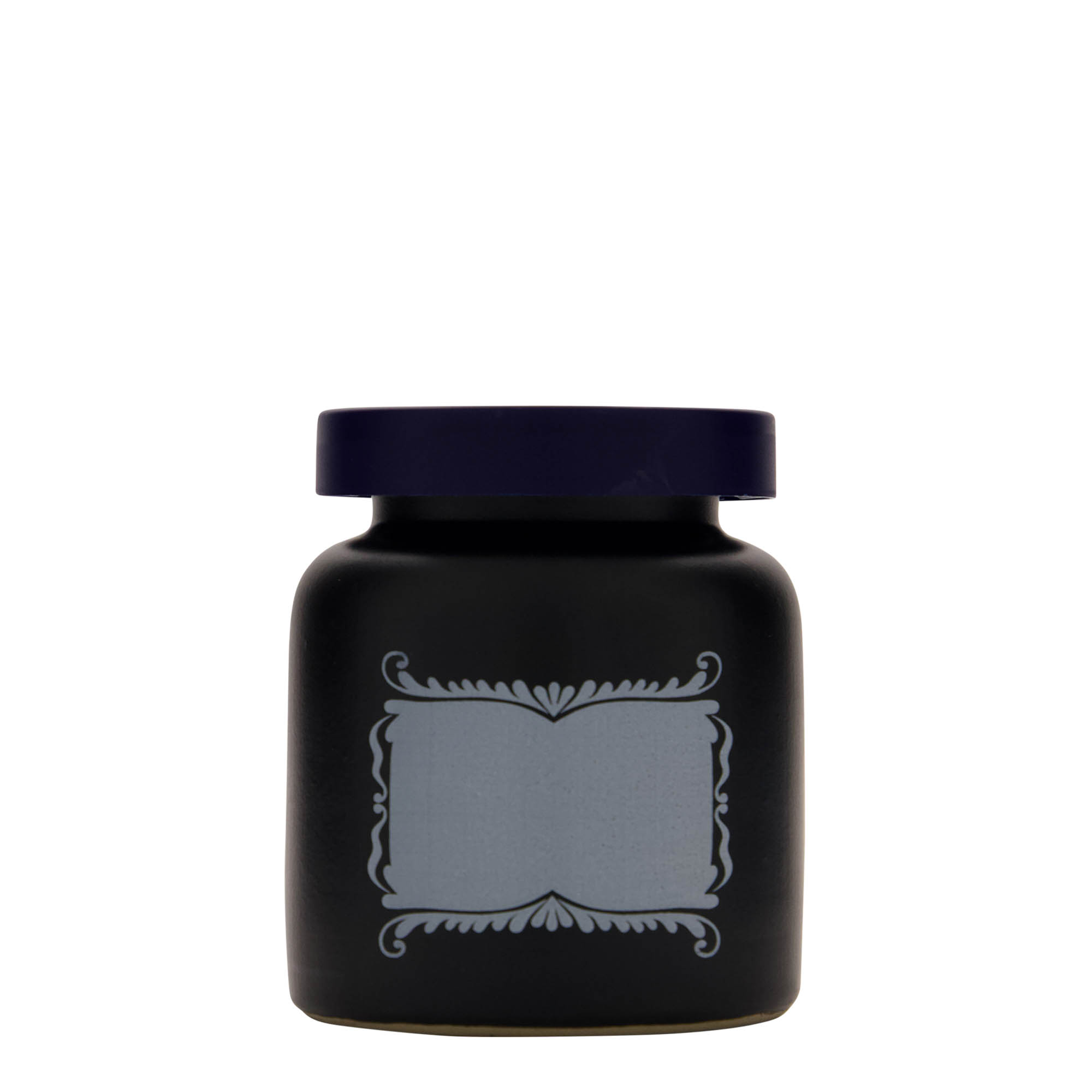 Steengoed pot, 270 ml, motief: etiketveld, keramiek, zwart, monding: stulpdeksel Steengoed pot, 270 ml, motief: etiketveld, keramiek, zwart, monding: stulpdeksel