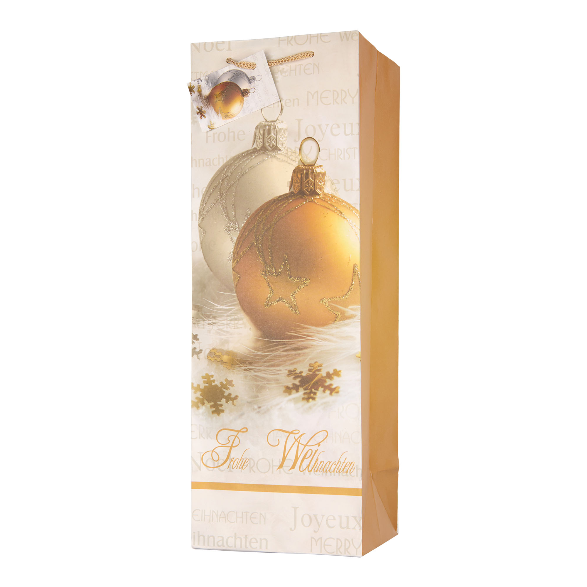 Sac à bouteilles, motif : joyeux Noël, carré, papier, doré Sac à bouteilles, motif : joyeux Noël, carré, papier, doré