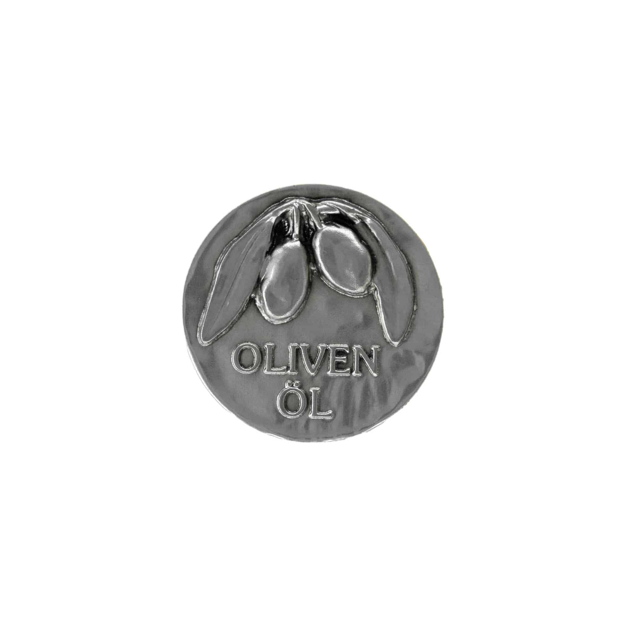 Tinnen etiket 'Olijfolie', metaal, zilver