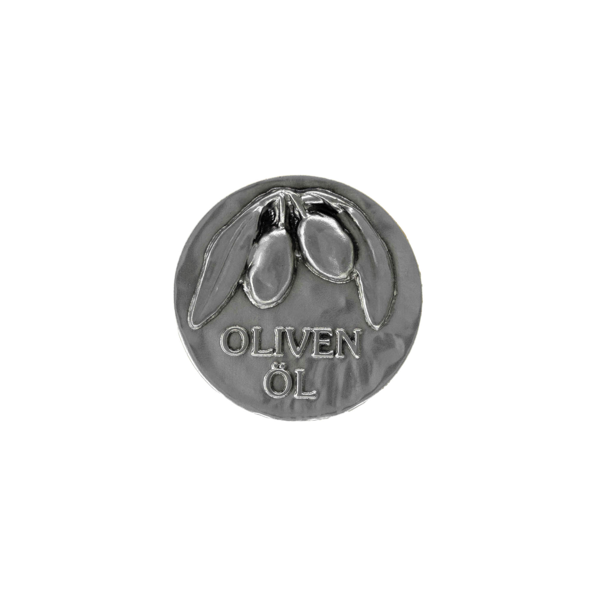 Étiquette en étain 'Huile d’olive', métallique, argentée Étiquette en étain 'Huile d’olive', métallique, argentée