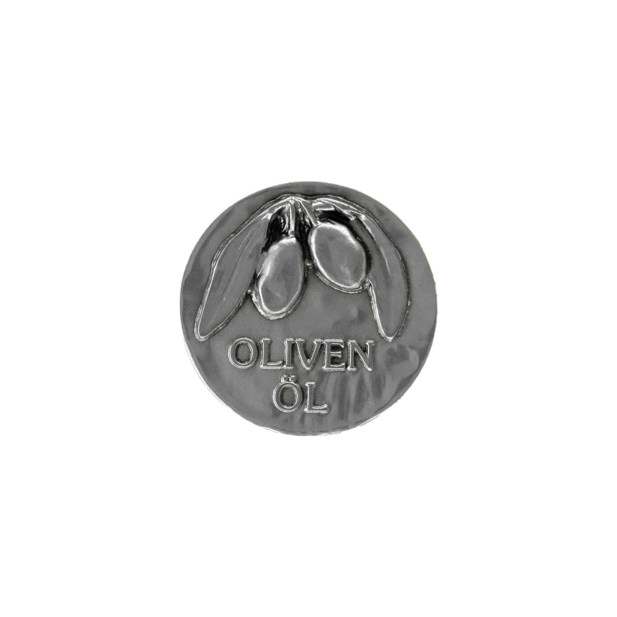 Tinnen etiket 'Olijfolie', metaal, zilver